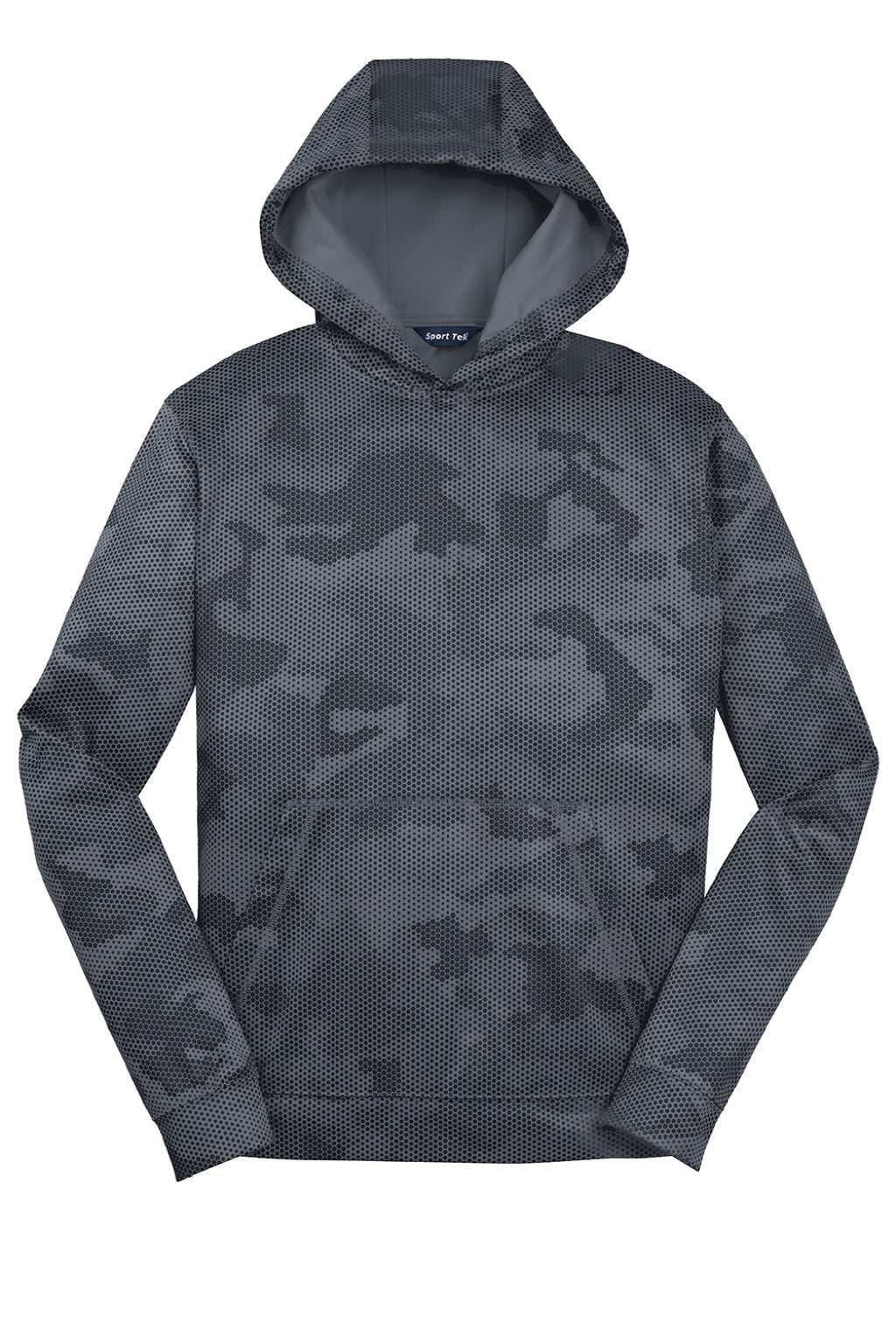 Sport-Tek YST240 Youth Sport-Wick CamoHex Moisture Wicking Fleece Hooded Sweatshirt Hoodie w/ Pouch Pocket Dark Smoke Grey Flat Front