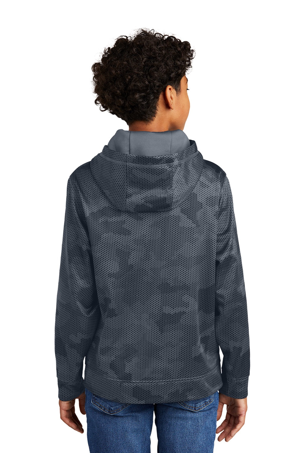 Sport-Tek YST240 Youth Sport-Wick CamoHex Moisture Wicking Fleece Hooded Sweatshirt Hoodie w/ Pouch Pocket Dark Smoke Grey Model Back