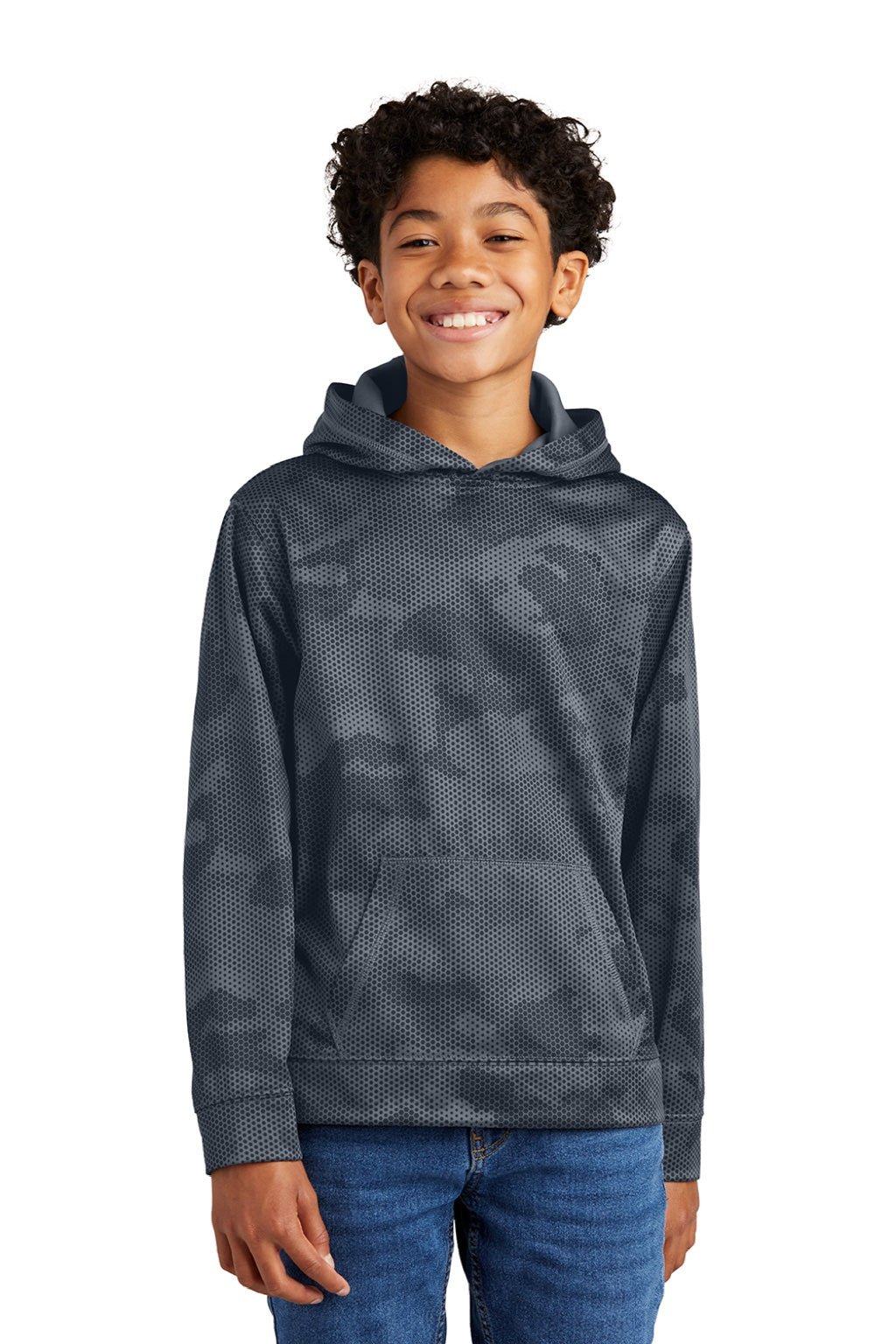 Sport-Tek YST240 Youth Sport-Wick CamoHex Moisture Wicking Fleece Hooded Sweatshirt Hoodie w/ Pouch Pocket Dark Smoke Grey Model Front