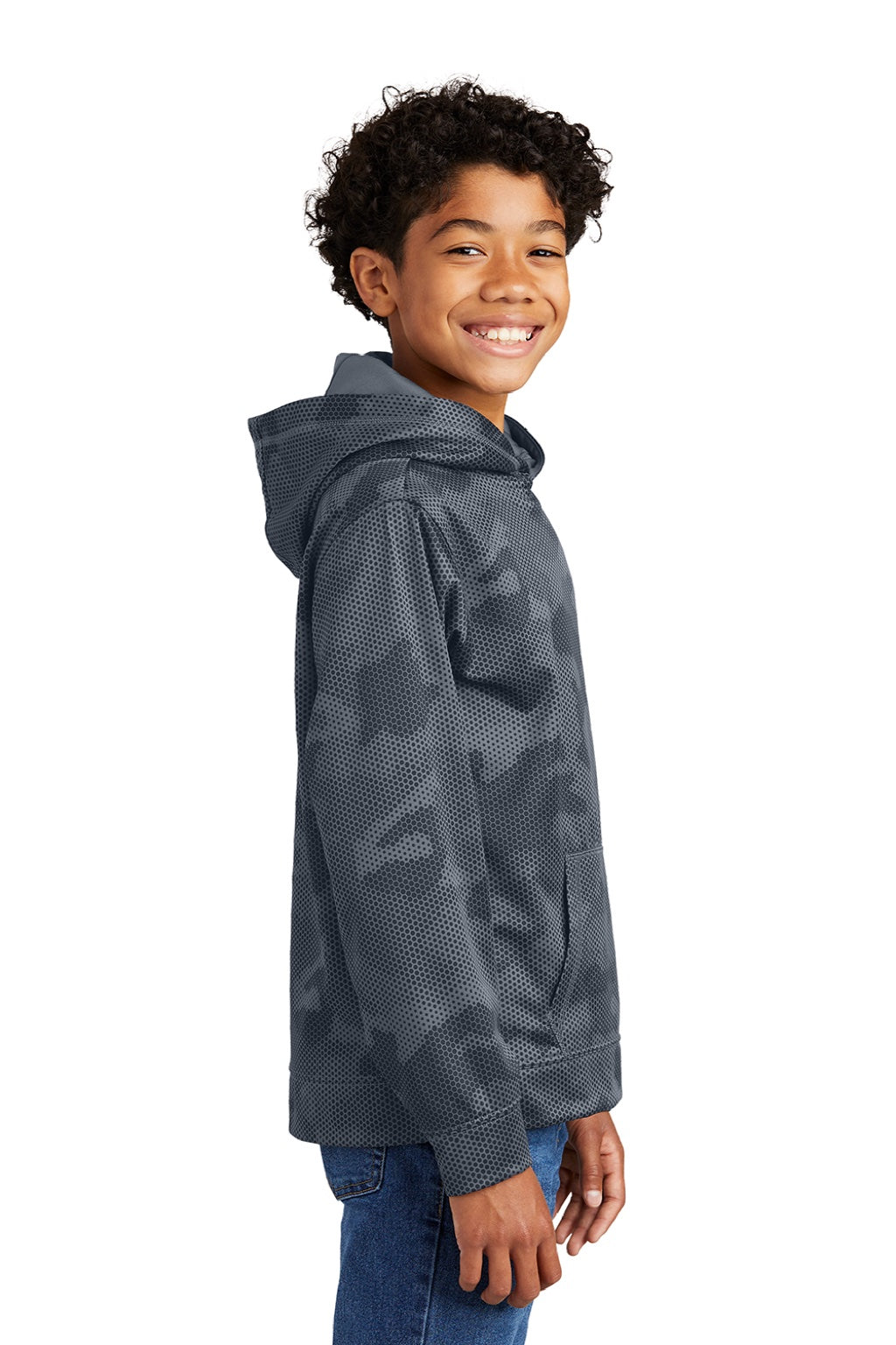 Sport-Tek YST240 Youth Sport-Wick CamoHex Moisture Wicking Fleece Hooded Sweatshirt Hoodie w/ Pouch Pocket Dark Smoke Grey Model Side