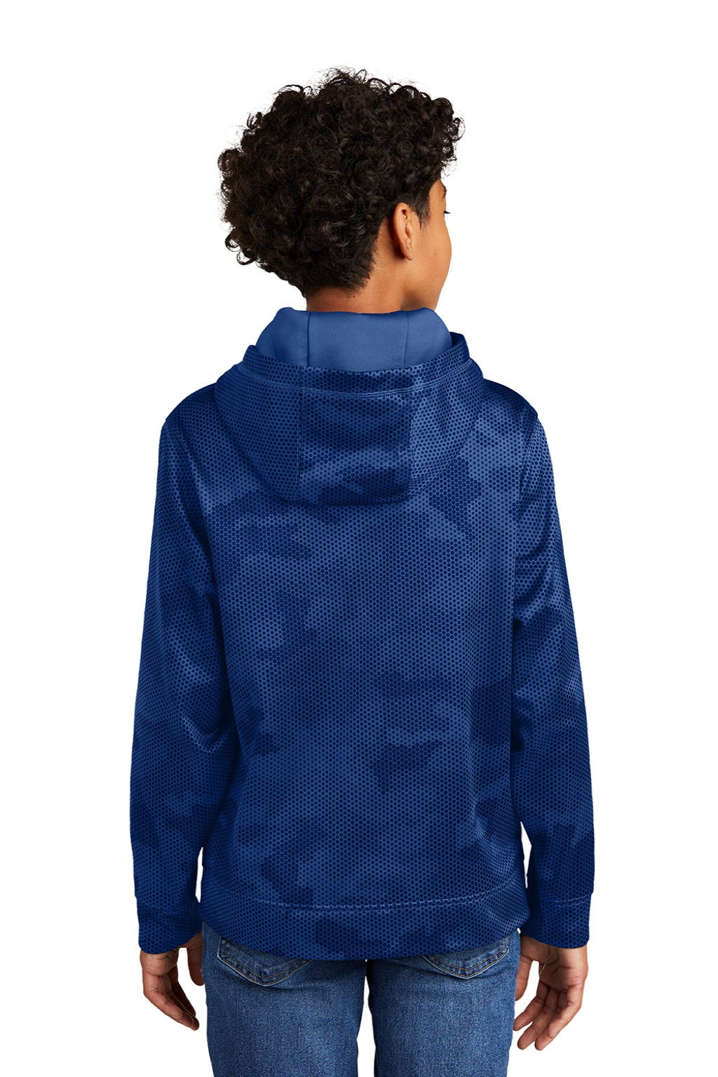 Sport-Tek YST240 Youth Sport-Wick CamoHex Moisture Wicking Fleece Hooded Sweatshirt Hoodie w/ Pouch Pocket True Royal Blue Model Back