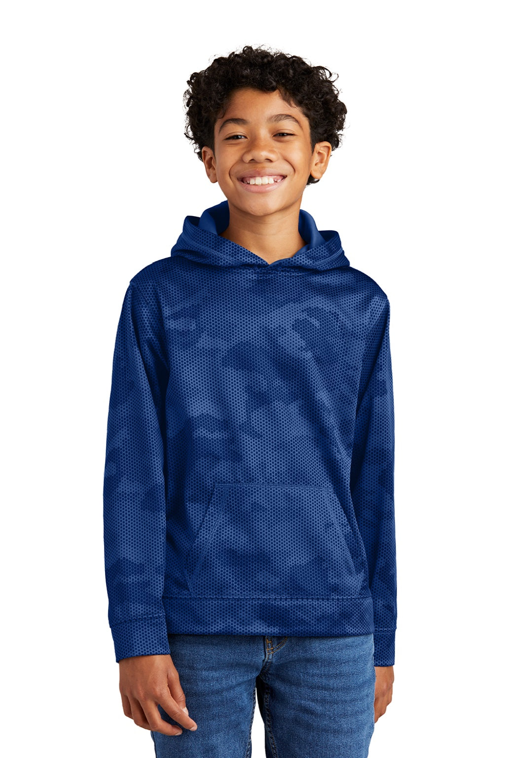 Sport-Tek YST240 Youth Sport-Wick CamoHex Moisture Wicking Fleece Hooded Sweatshirt Hoodie w/ Pouch Pocket True Royal Blue Model Front