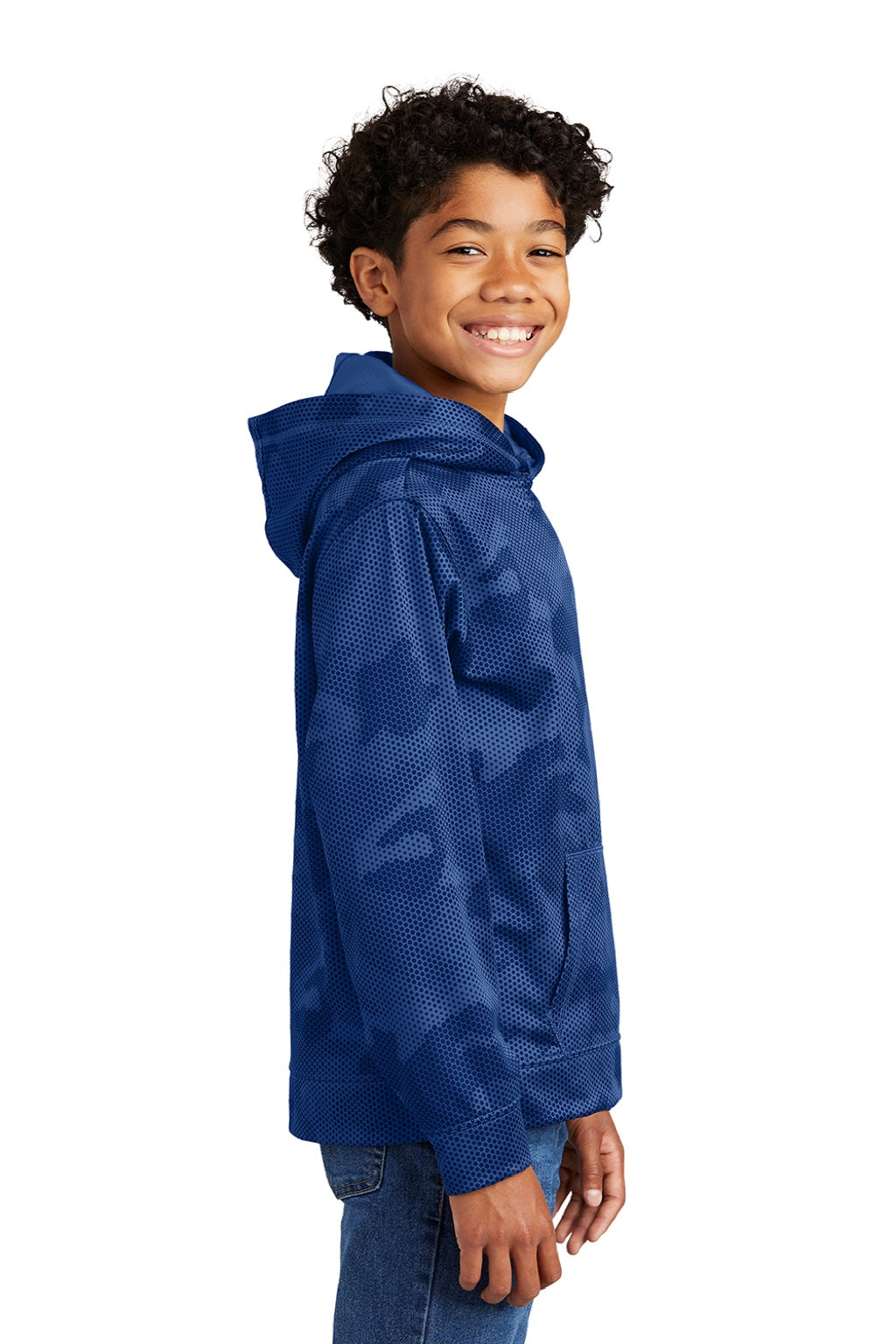 Sport-Tek YST240 Youth Sport-Wick CamoHex Moisture Wicking Fleece Hooded Sweatshirt Hoodie w/ Pouch Pocket True Royal Blue Model Side
