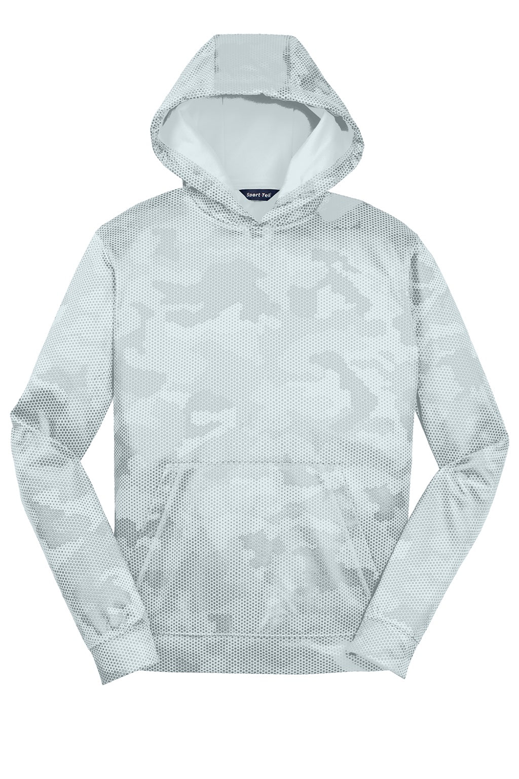 Sport-Tek YST240 Youth Sport-Wick CamoHex Moisture Wicking Fleece Hooded Sweatshirt Hoodie w/ Pouch Pocket White Flat Front