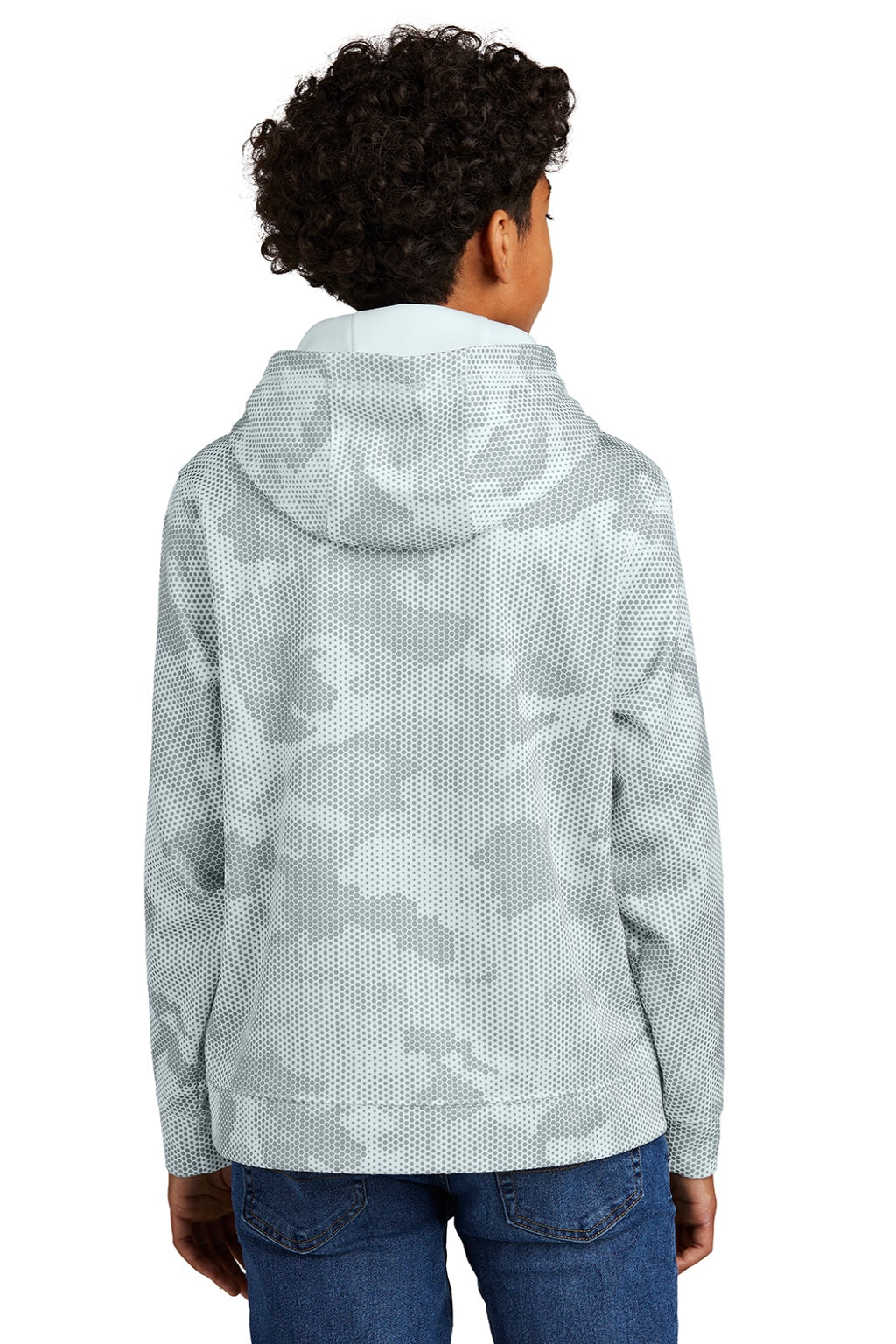 Sport-Tek YST240 Youth Sport-Wick CamoHex Moisture Wicking Fleece Hooded Sweatshirt Hoodie w/ Pouch Pocket White Model Back
