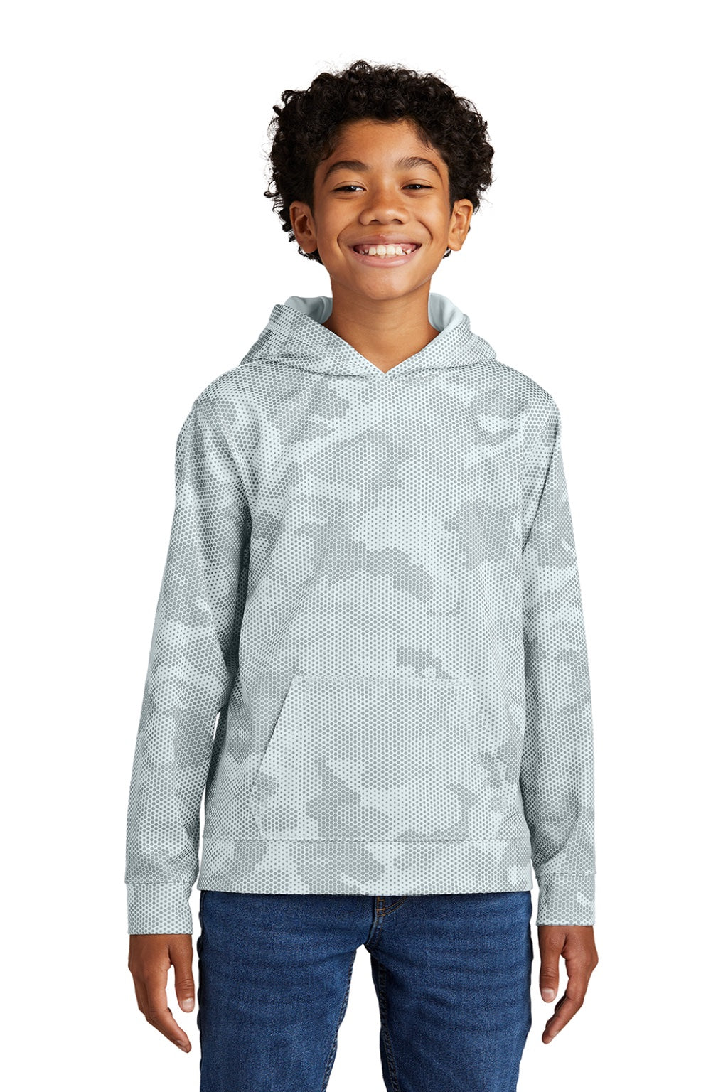 Sport-Tek YST240 Youth Sport-Wick CamoHex Moisture Wicking Fleece Hooded Sweatshirt Hoodie w/ Pouch Pocket White Model Front