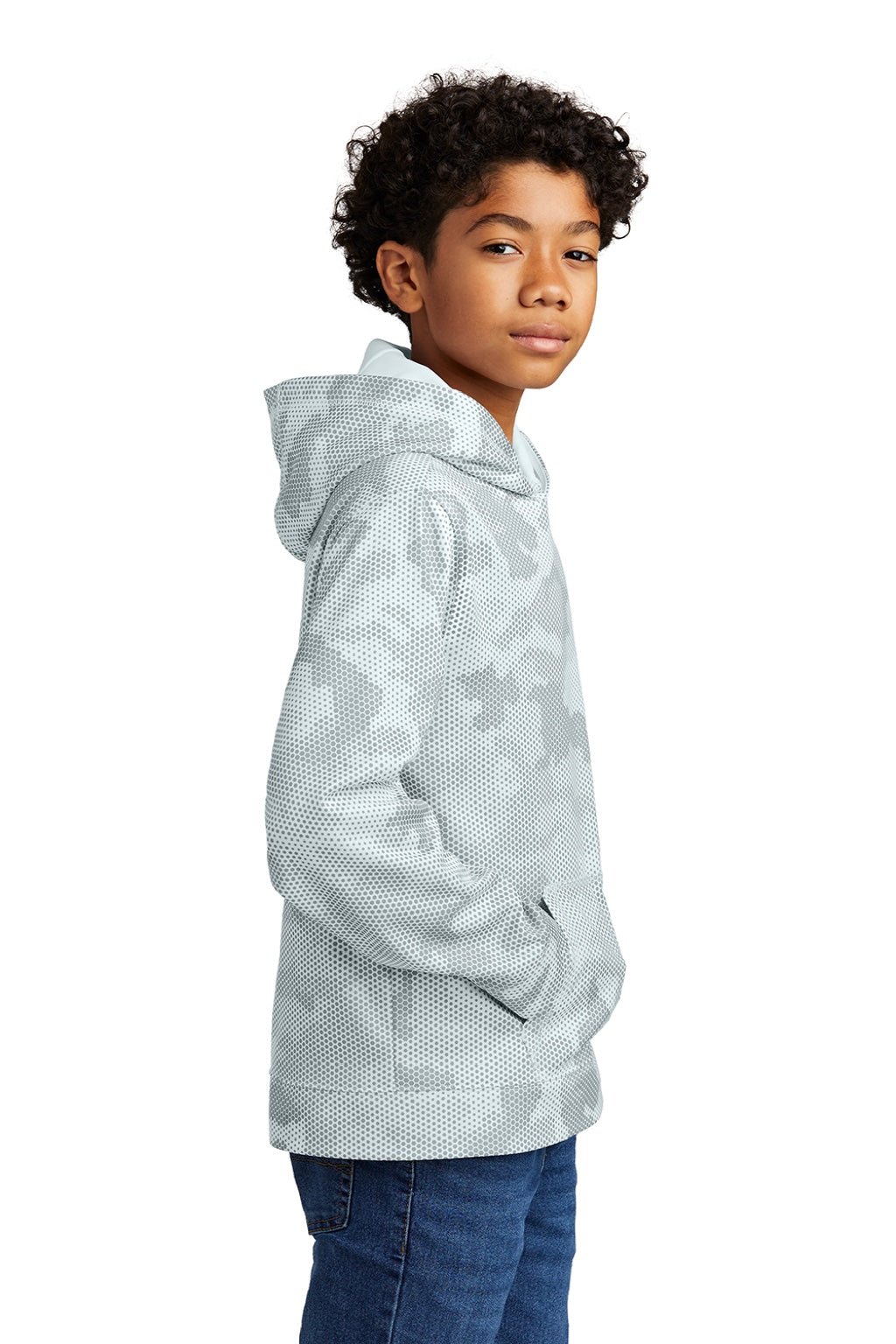 Sport-Tek YST240 Youth Sport-Wick CamoHex Moisture Wicking Fleece Hooded Sweatshirt Hoodie w/ Pouch Pocket White Model Side