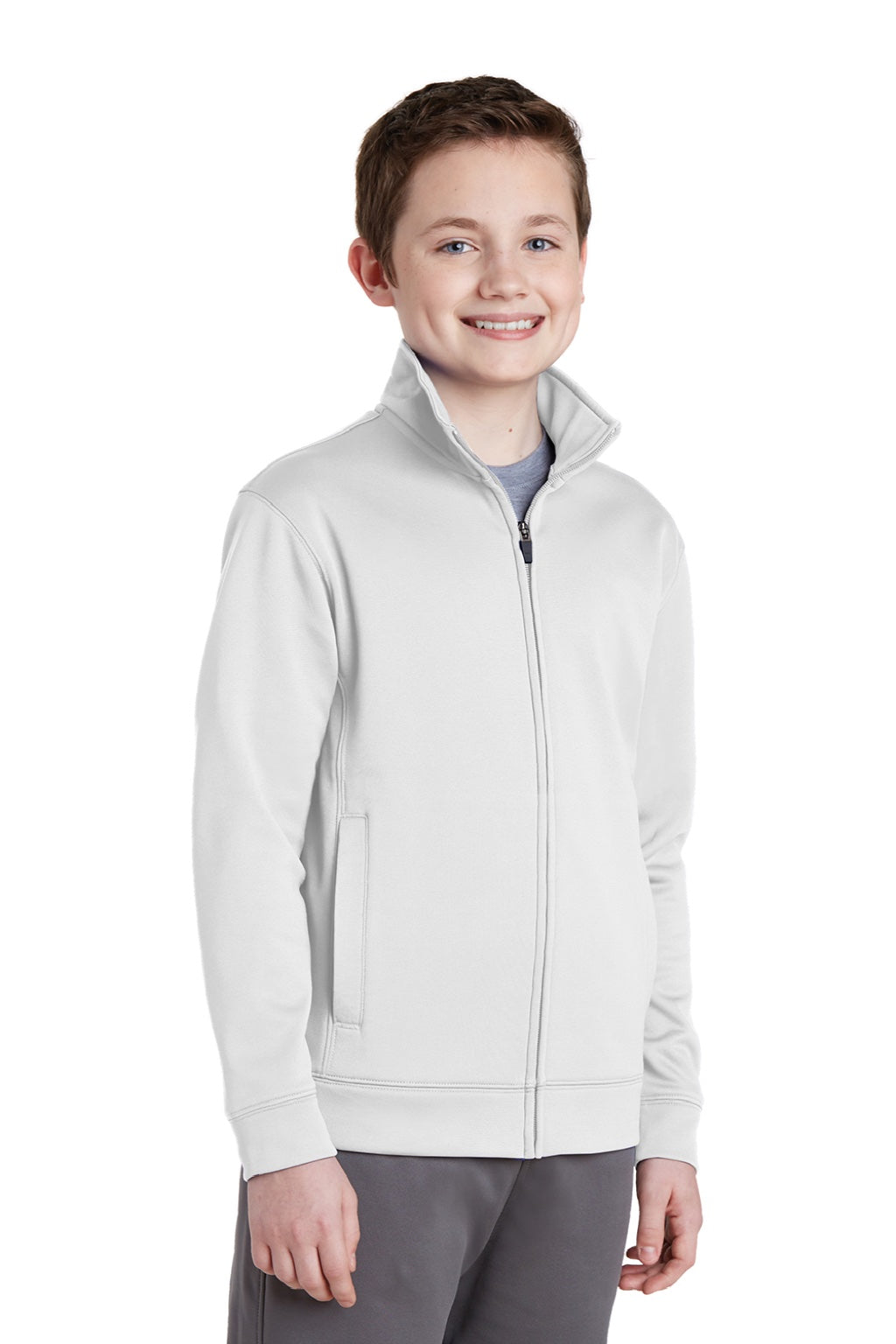 Sport-Tek YST241 Youth Sport-Wick Moisture Wicking Fleece Full Zip Sweatshirt w/ Pockets White Model 3q