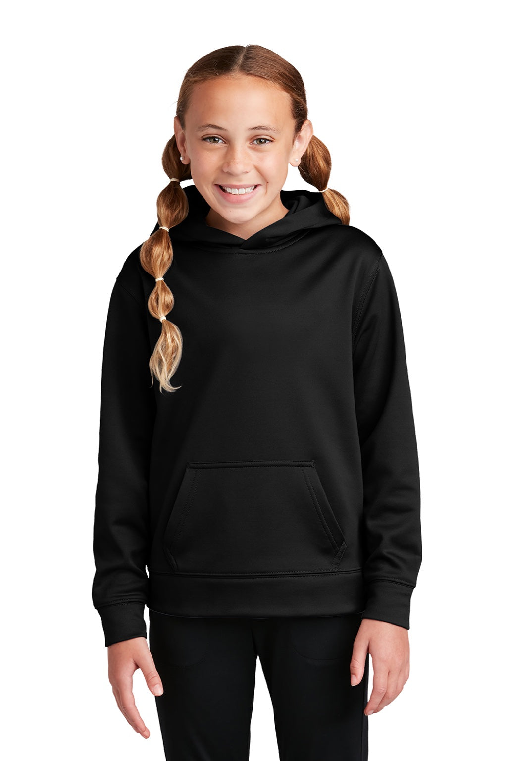 Sport-Tek YST244 Youth Sport-Wick Moisture Wicking Fleece Hooded Sweatshirt Hoodie w/ Pouch Pocket Black Model Front