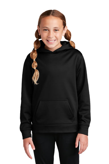 Sport-Tek YST244 Youth Sport-Wick Moisture Wicking Fleece Hooded Sweatshirt Hoodie w/ Pouch Pocket Black Model Front