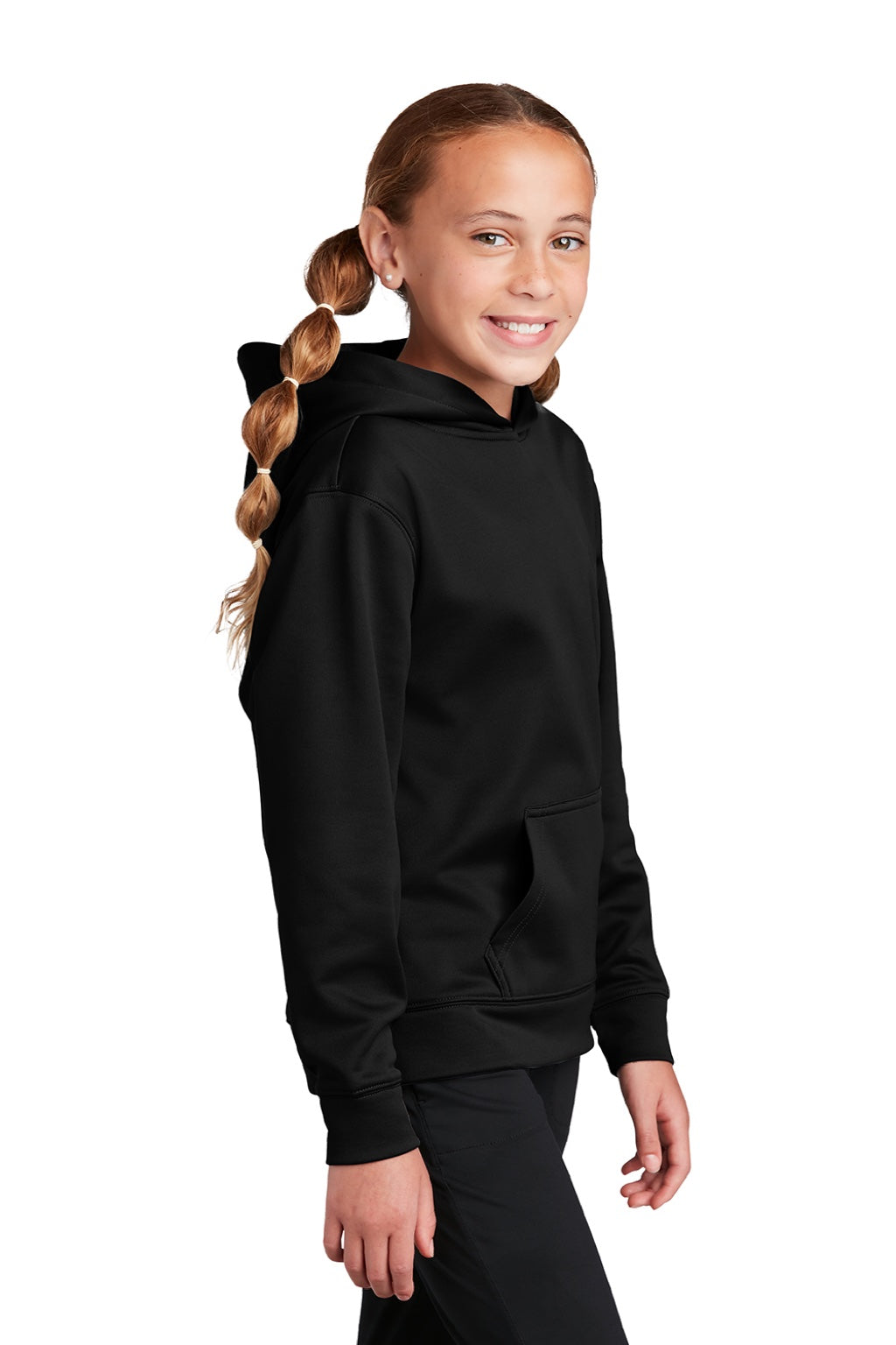 Sport-Tek YST244 Youth Sport-Wick Moisture Wicking Fleece Hooded Sweatshirt Hoodie w/ Pouch Pocket Black Model Side