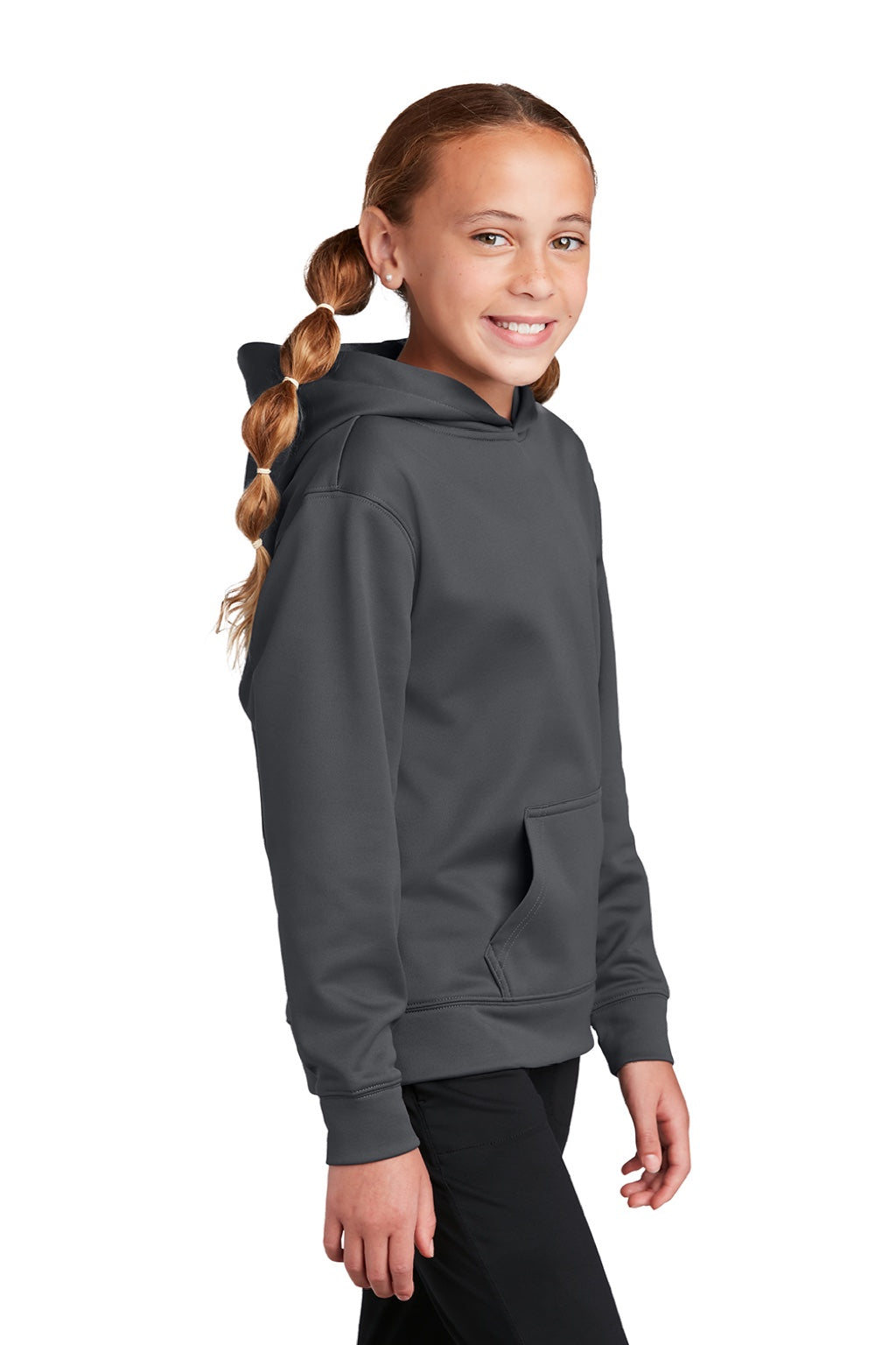 Sport-Tek YST244 Youth Sport-Wick Moisture Wicking Fleece Hooded Sweatshirt Hoodie w/ Pouch Pocket Dark Smoke Grey Model Side