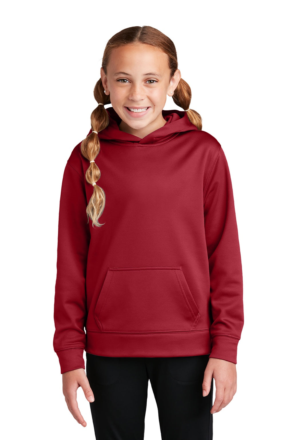 Sport-Tek YST244 Youth Sport-Wick Moisture Wicking Fleece Hooded Sweatshirt Hoodie w/ Pouch Pocket Deep Red Model Front