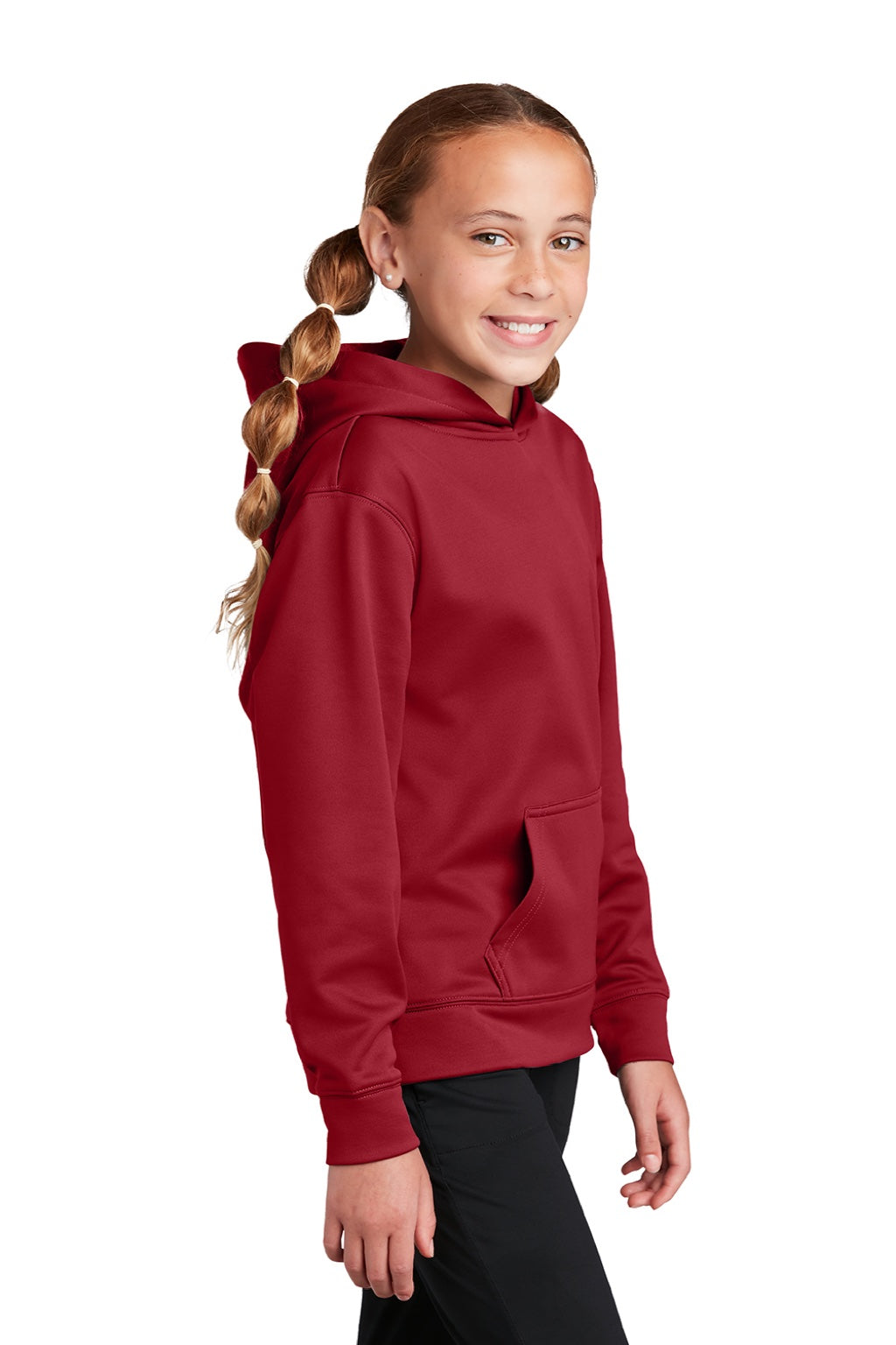 Sport-Tek YST244 Youth Sport-Wick Moisture Wicking Fleece Hooded Sweatshirt Hoodie w/ Pouch Pocket Deep Red Model Side