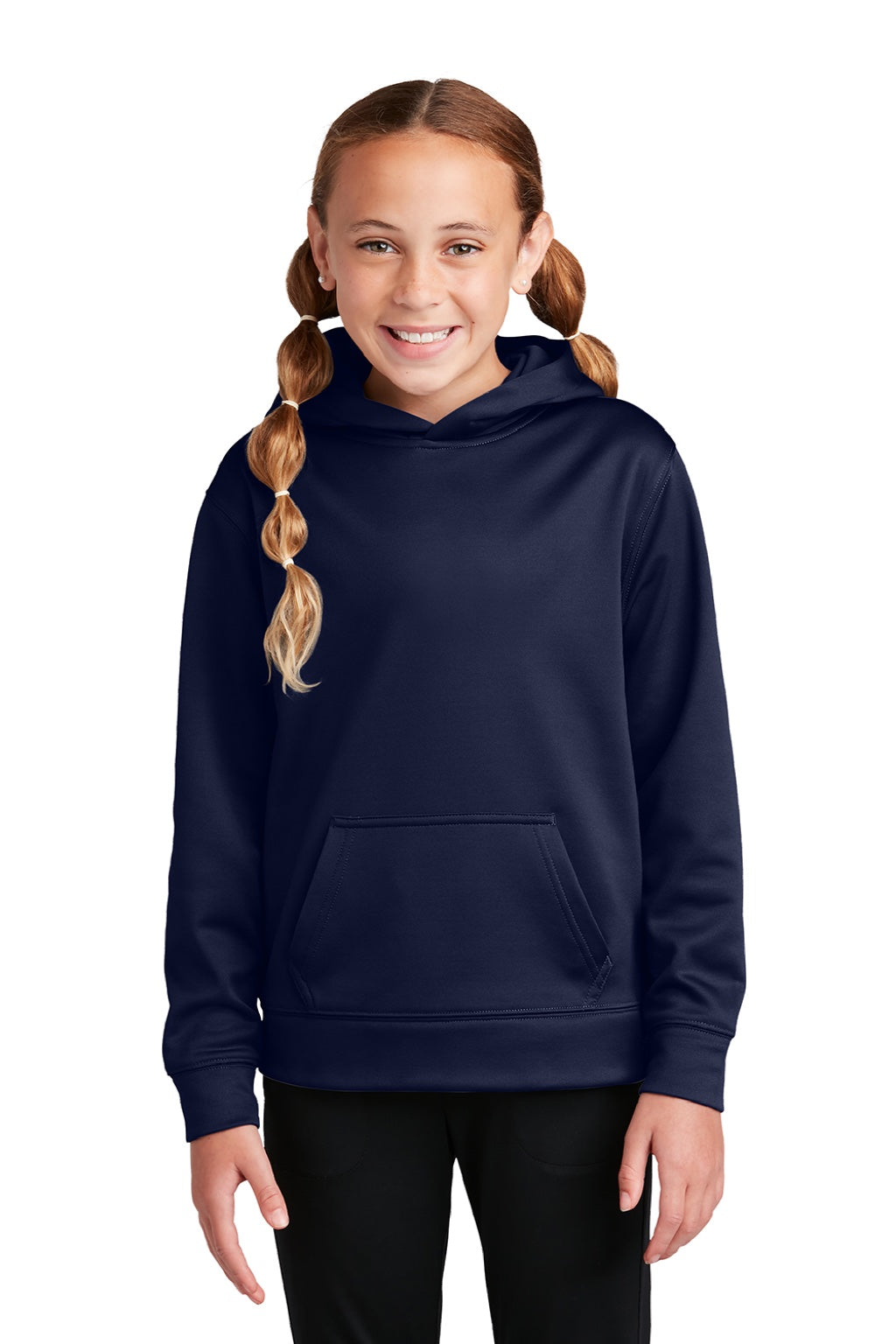 Sport-Tek YST244 Youth Sport-Wick Moisture Wicking Fleece Hooded Sweatshirt Hoodie w/ Pouch Pocket Navy Blue Model Front