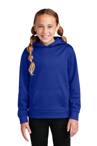 Sport-Tek YST244 Youth Sport-Wick Moisture Wicking Fleece Hooded Sweatshirt Hoodie w/ Pouch Pocket True Royal Blue Model Front