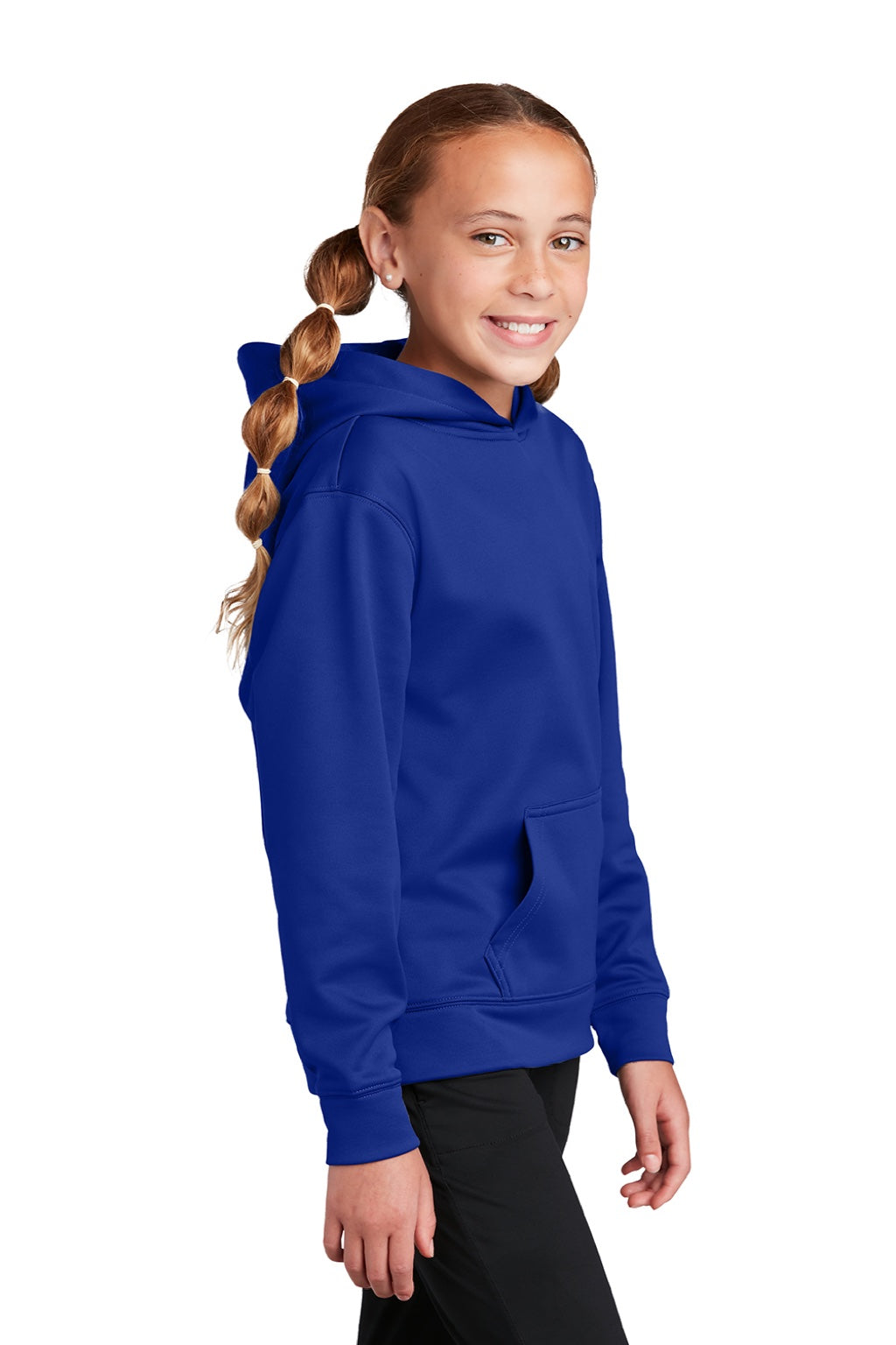 Sport-Tek YST244 Youth Sport-Wick Moisture Wicking Fleece Hooded Sweatshirt Hoodie w/ Pouch Pocket True Royal Blue Model Side