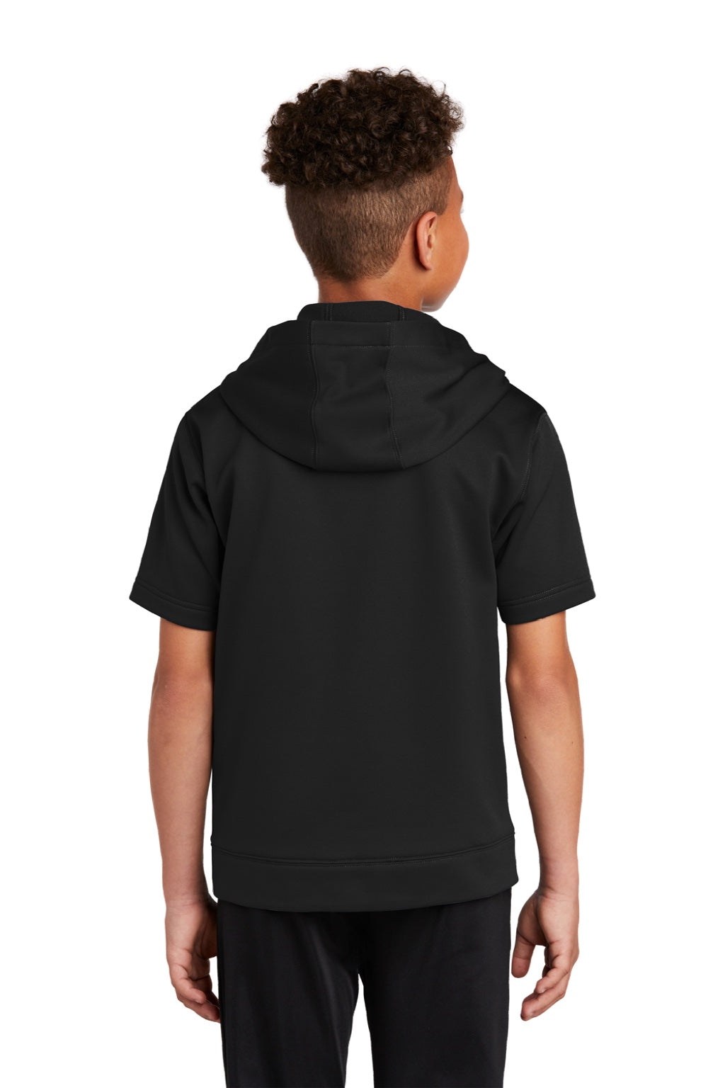 Sport-Tek YST251 Youth Fleece Moisture Wicking Short Sleeve Hooded Sweatshirt Hoodie w/ Pouch Pocket Black Model Back