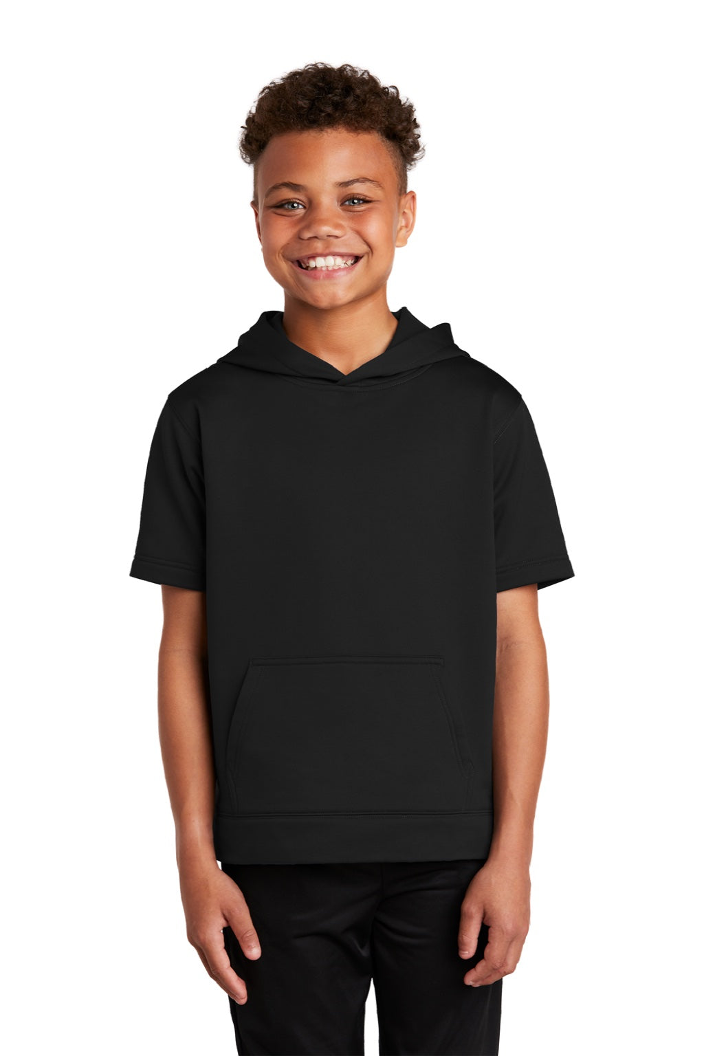 Sport-Tek YST251 Youth Fleece Moisture Wicking Short Sleeve Hooded Sweatshirt Hoodie w/ Pouch Pocket Black Model Front