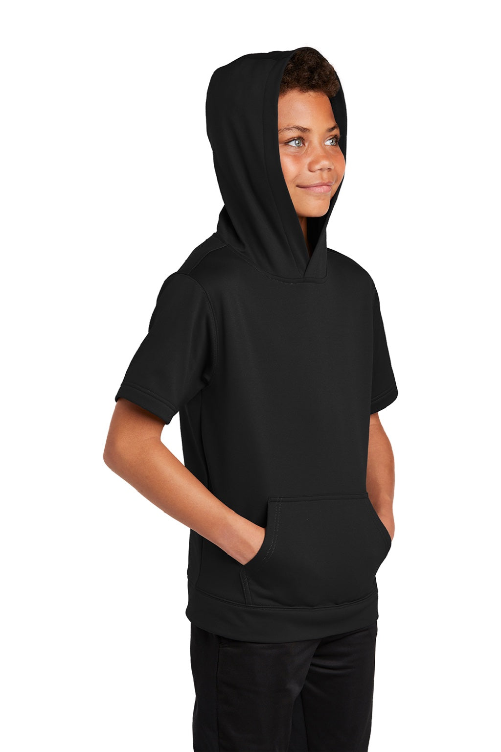 Sport-Tek YST251 Youth Fleece Moisture Wicking Short Sleeve Hooded Sweatshirt Hoodie w/ Pouch Pocket Black Model 3q