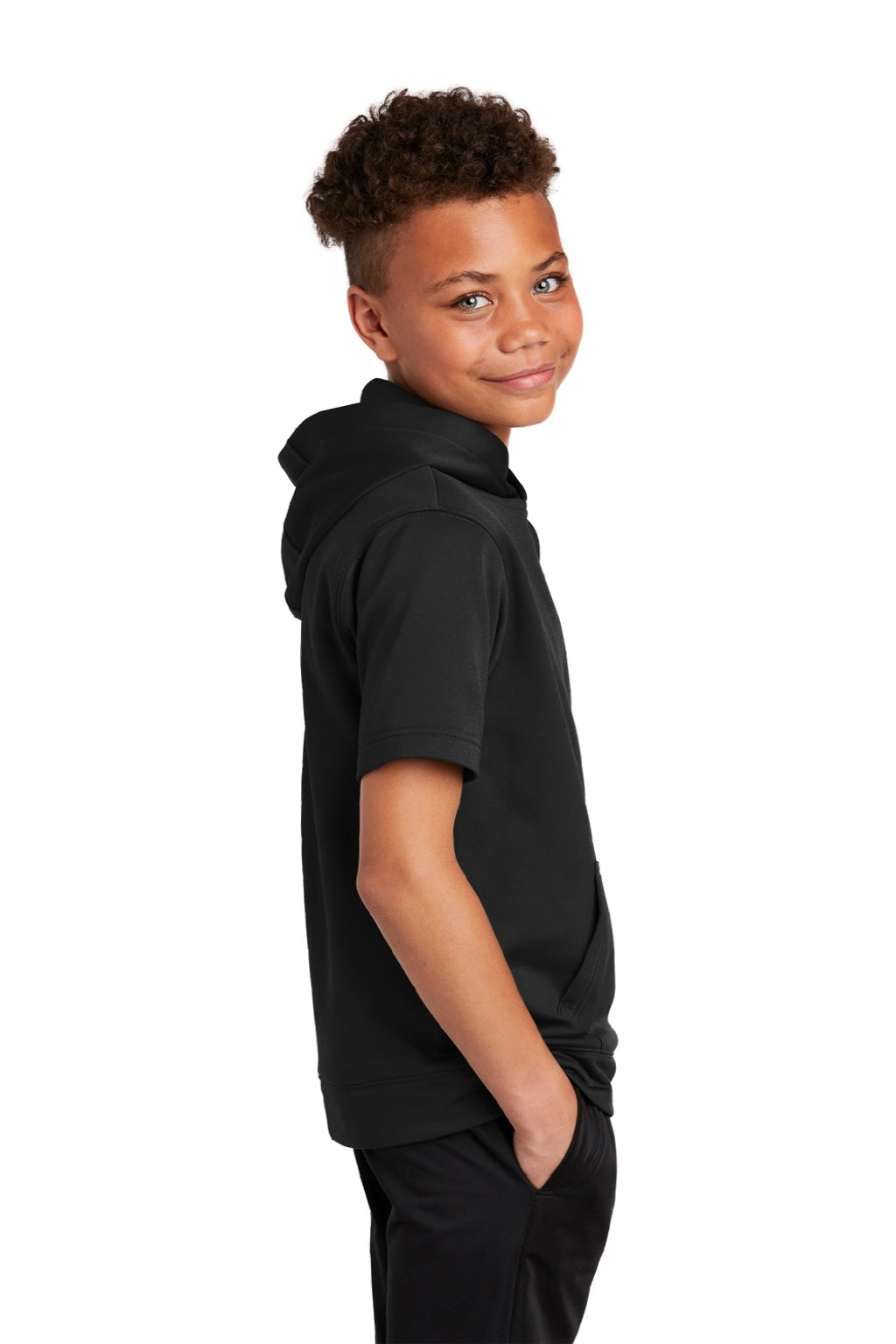 Sport-Tek YST251 Youth Fleece Moisture Wicking Short Sleeve Hooded Sweatshirt Hoodie w/ Pouch Pocket Black Model Side
