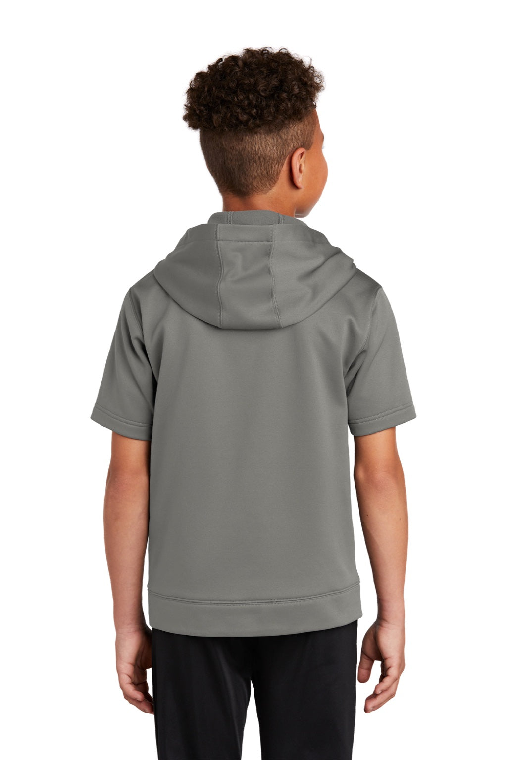 Sport-Tek YST251 Youth Fleece Moisture Wicking Short Sleeve Hooded Sweatshirt Hoodie w/ Pouch Pocket Dark Smoke Grey Model Back