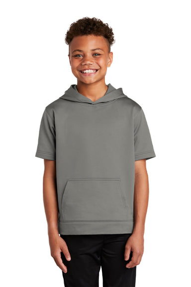 Sport-Tek YST251 Youth Fleece Moisture Wicking Short Sleeve Hooded Sweatshirt Hoodie w/ Pouch Pocket Dark Smoke Grey Model Front