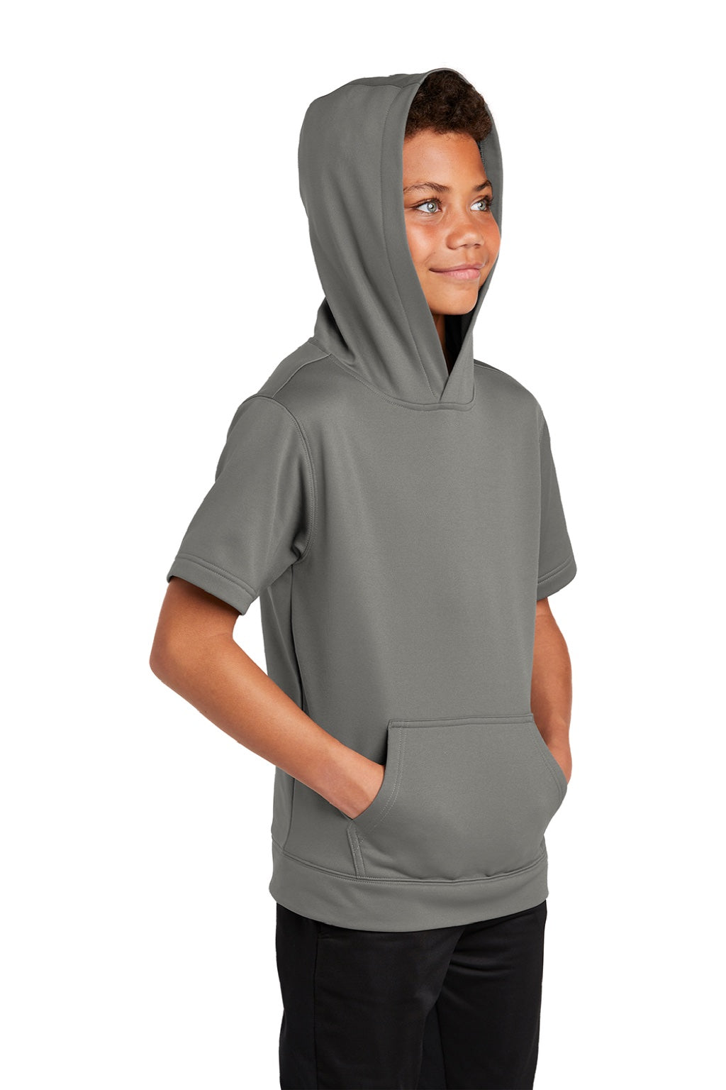 Sport-Tek YST251 Youth Fleece Moisture Wicking Short Sleeve Hooded Sweatshirt Hoodie w/ Pouch Pocket Dark Smoke Grey Model 3q