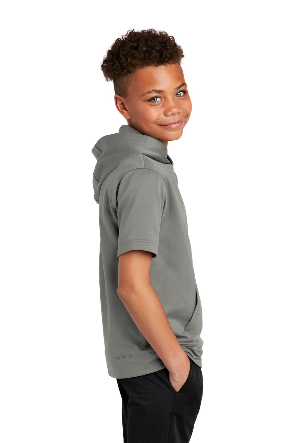 Sport-Tek YST251 Youth Fleece Moisture Wicking Short Sleeve Hooded Sweatshirt Hoodie w/ Pouch Pocket Dark Smoke Grey Model Side