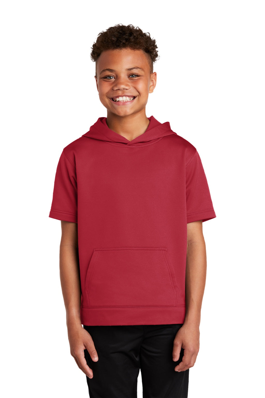 Sport-Tek YST251 Youth Fleece Moisture Wicking Short Sleeve Hooded Sweatshirt Hoodie w/ Pouch Pocket Deep Red Model Front