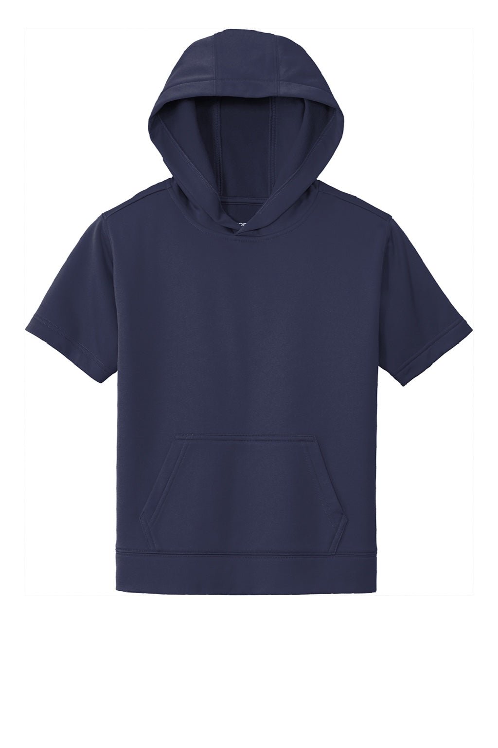 Sport-Tek YST251 Youth Fleece Moisture Wicking Short Sleeve Hooded Sweatshirt Hoodie w/ Pouch Pocket Navy Blue Flat Front