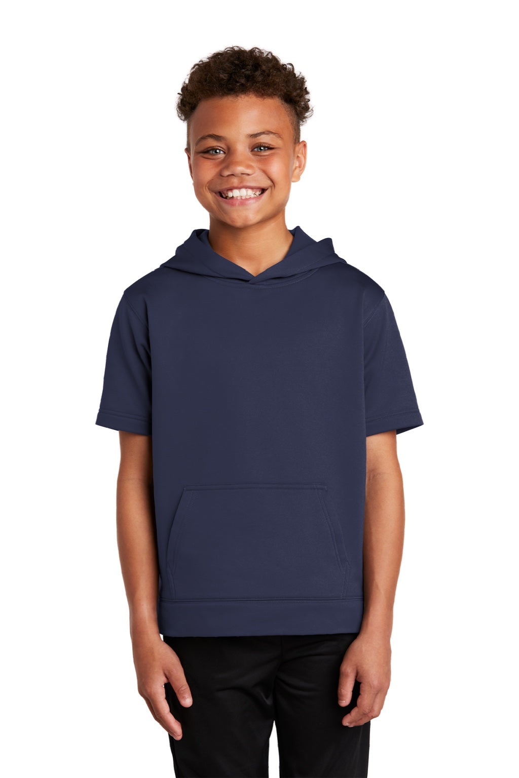 Sport-Tek YST251 Youth Fleece Moisture Wicking Short Sleeve Hooded Sweatshirt Hoodie w/ Pouch Pocket Navy Blue Model Front