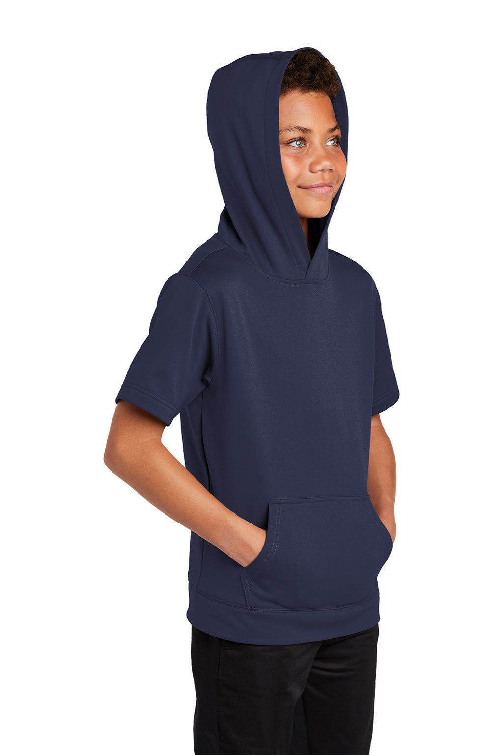 Sport-Tek YST251 Youth Fleece Moisture Wicking Short Sleeve Hooded Sweatshirt Hoodie w/ Pouch Pocket Navy Blue Model 3q