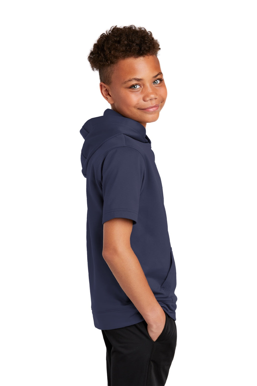 Sport-Tek YST251 Youth Fleece Moisture Wicking Short Sleeve Hooded Sweatshirt Hoodie w/ Pouch Pocket Navy Blue Model Side