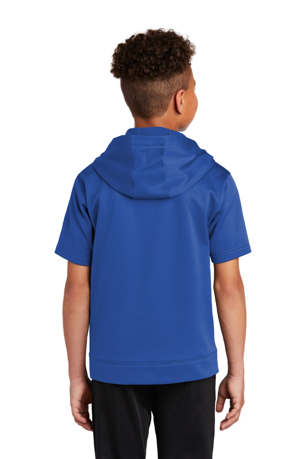 Sport-Tek YST251 Youth Fleece Moisture Wicking Short Sleeve Hooded Sweatshirt Hoodie w/ Pouch Pocket True Royal Blue Model Back