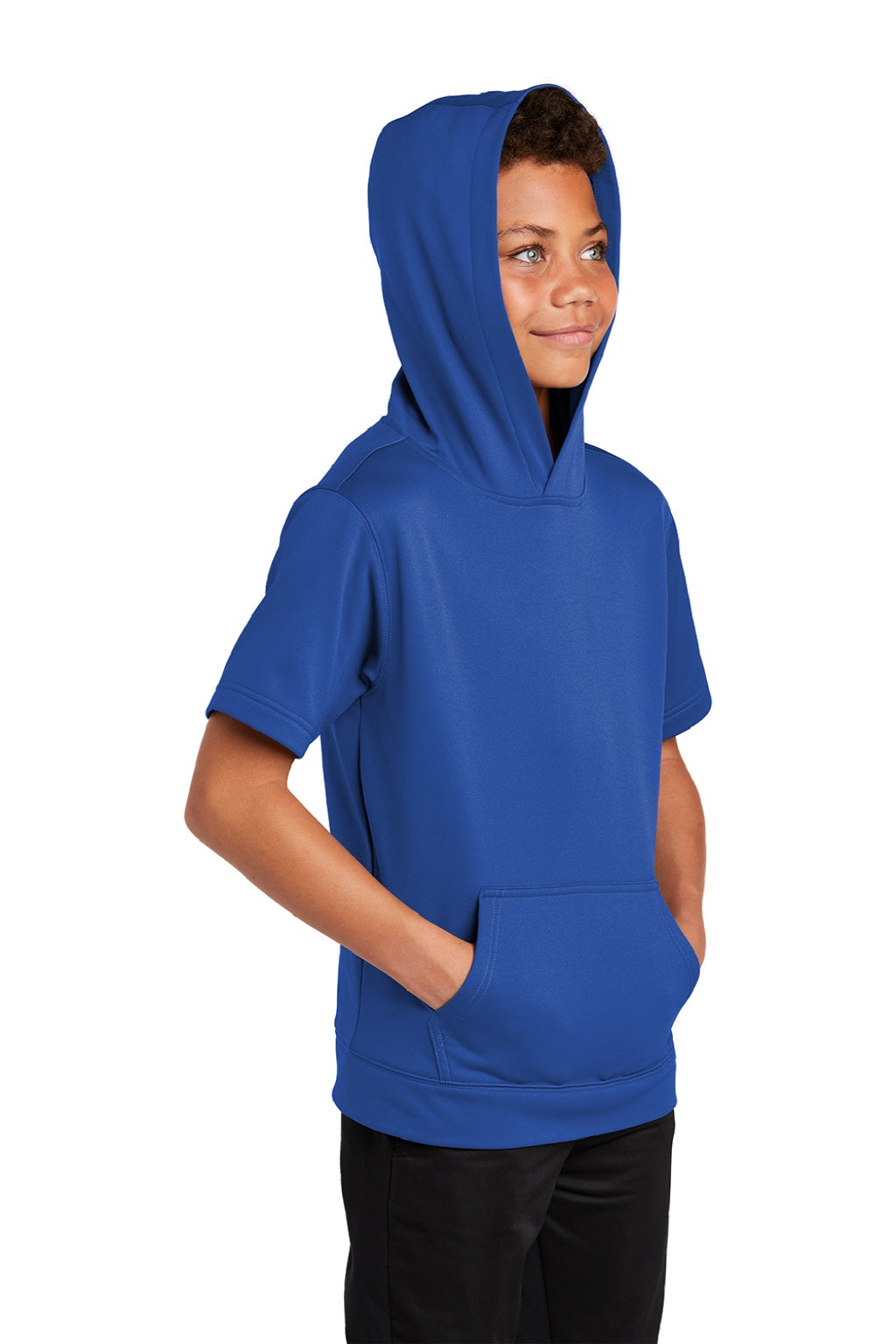 Sport-Tek YST251 Youth Fleece Moisture Wicking Short Sleeve Hooded Sweatshirt Hoodie w/ Pouch Pocket True Royal Blue Model 3q
