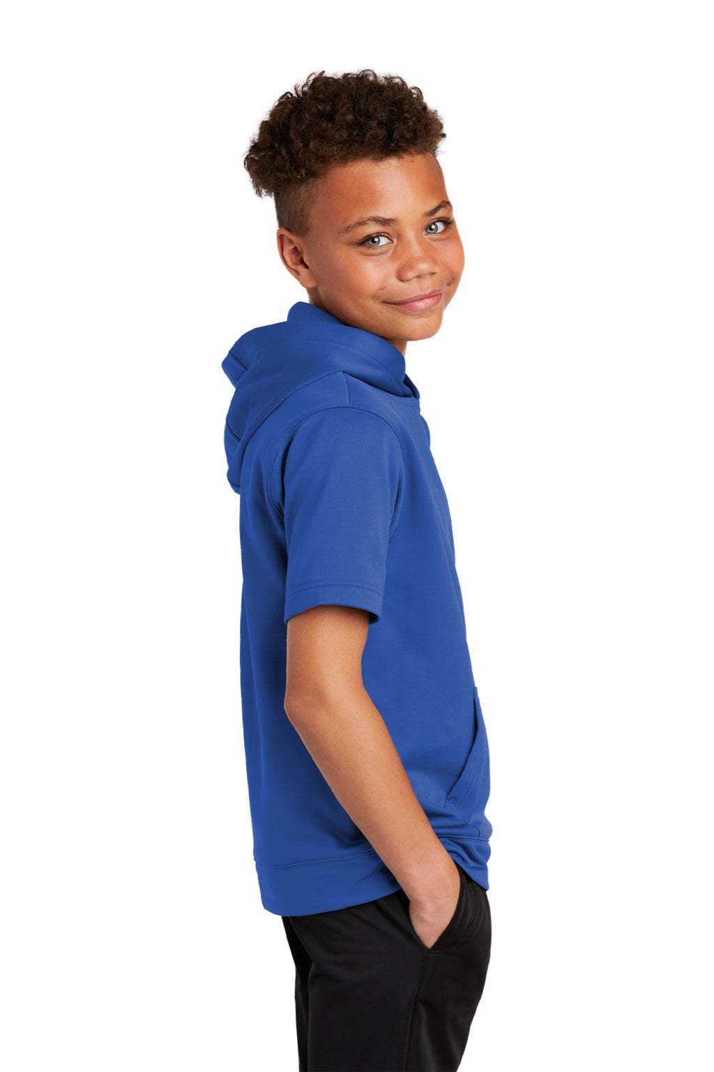 Sport-Tek YST251 Youth Fleece Moisture Wicking Short Sleeve Hooded Sweatshirt Hoodie w/ Pouch Pocket True Royal Blue Model Side