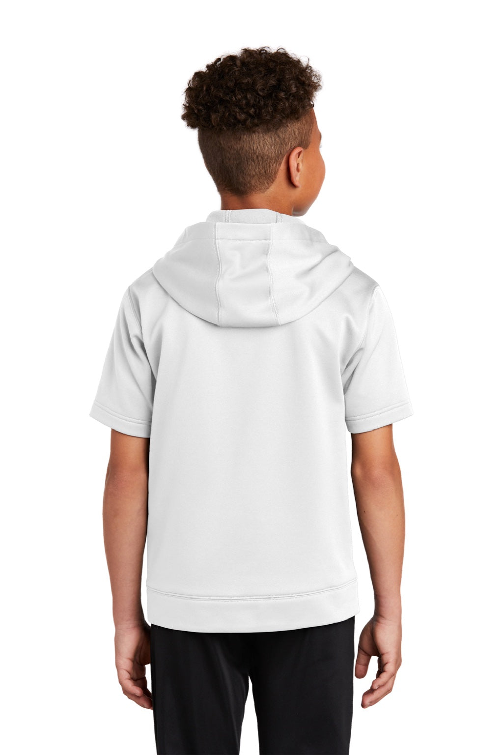 Sport-Tek YST251 Youth Fleece Moisture Wicking Short Sleeve Hooded Sweatshirt Hoodie w/ Pouch Pocket White Model Back