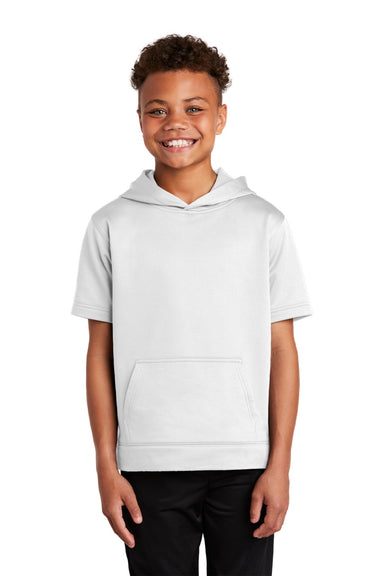 Sport-Tek YST251 Youth Fleece Moisture Wicking Short Sleeve Hooded Sweatshirt Hoodie w/ Pouch Pocket White Model Front