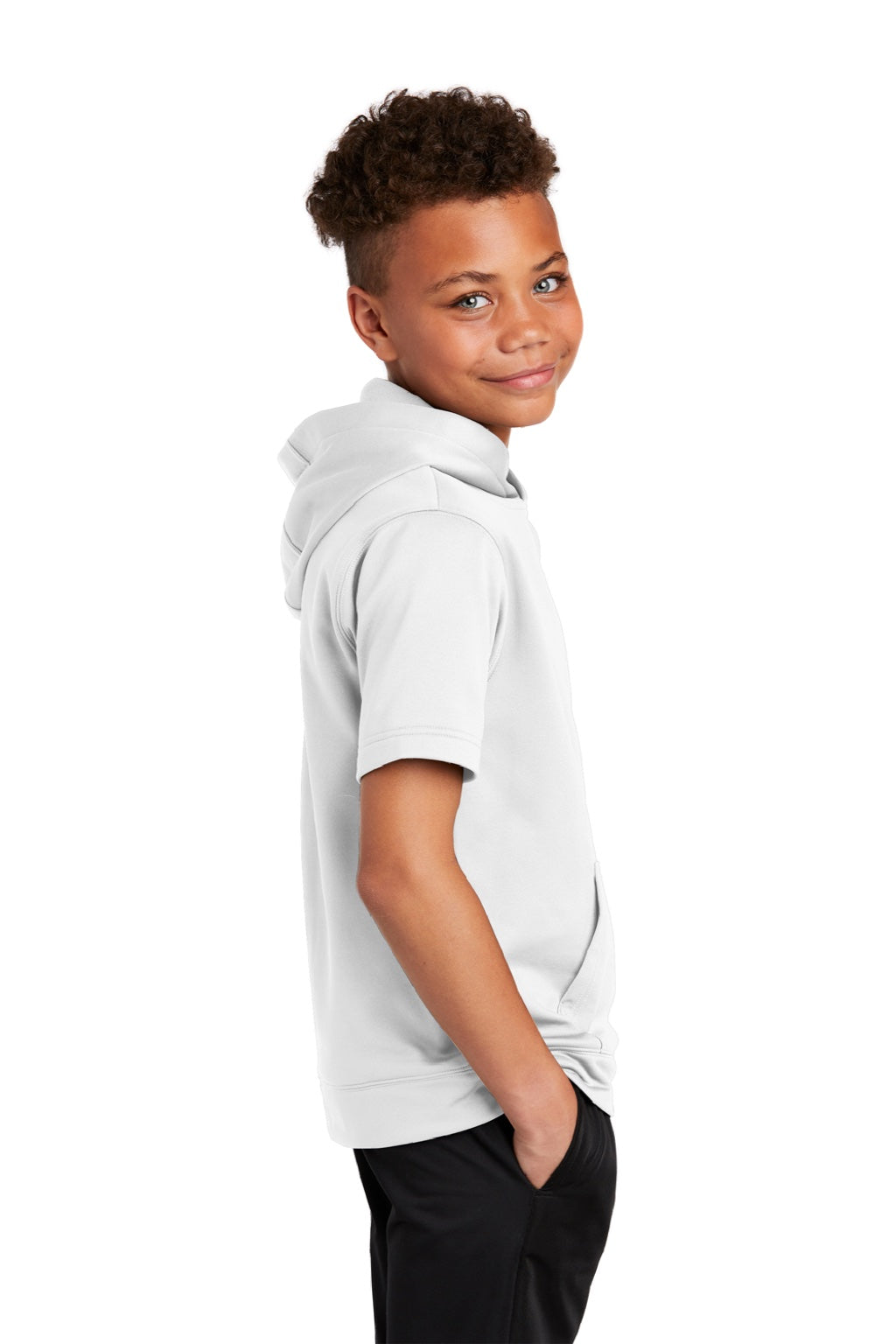 Sport-Tek YST251 Youth Fleece Moisture Wicking Short Sleeve Hooded Sweatshirt Hoodie w/ Pouch Pocket White Model Side