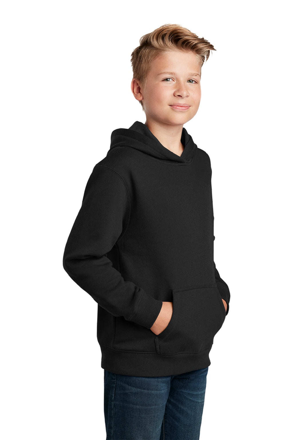 Sport-Tek YST254 Youth Shrink Resistant Fleece Hooded Sweatshirt Hoodie w/ Pouch Pocket Black Model 3q