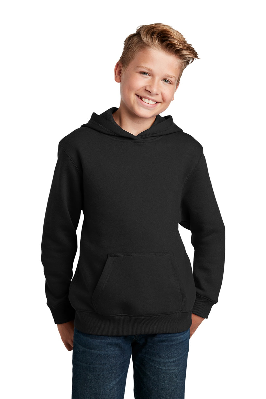 Sport-Tek YST254 Youth Shrink Resistant Fleece Hooded Sweatshirt Hoodie w/ Pouch Pocket Black Model Front