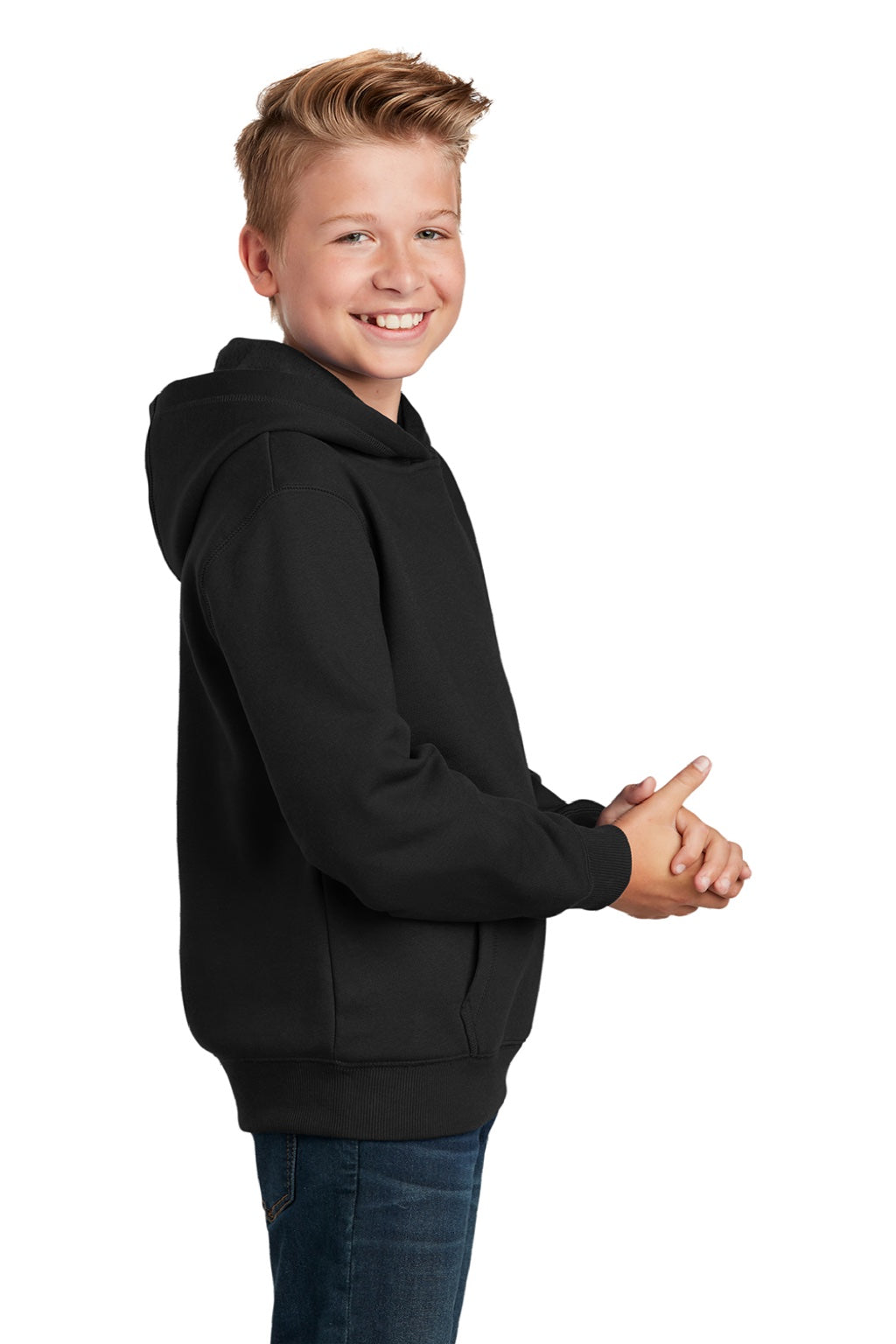 Sport-Tek YST254 Youth Shrink Resistant Fleece Hooded Sweatshirt Hoodie w/ Pouch Pocket Black Model Side
