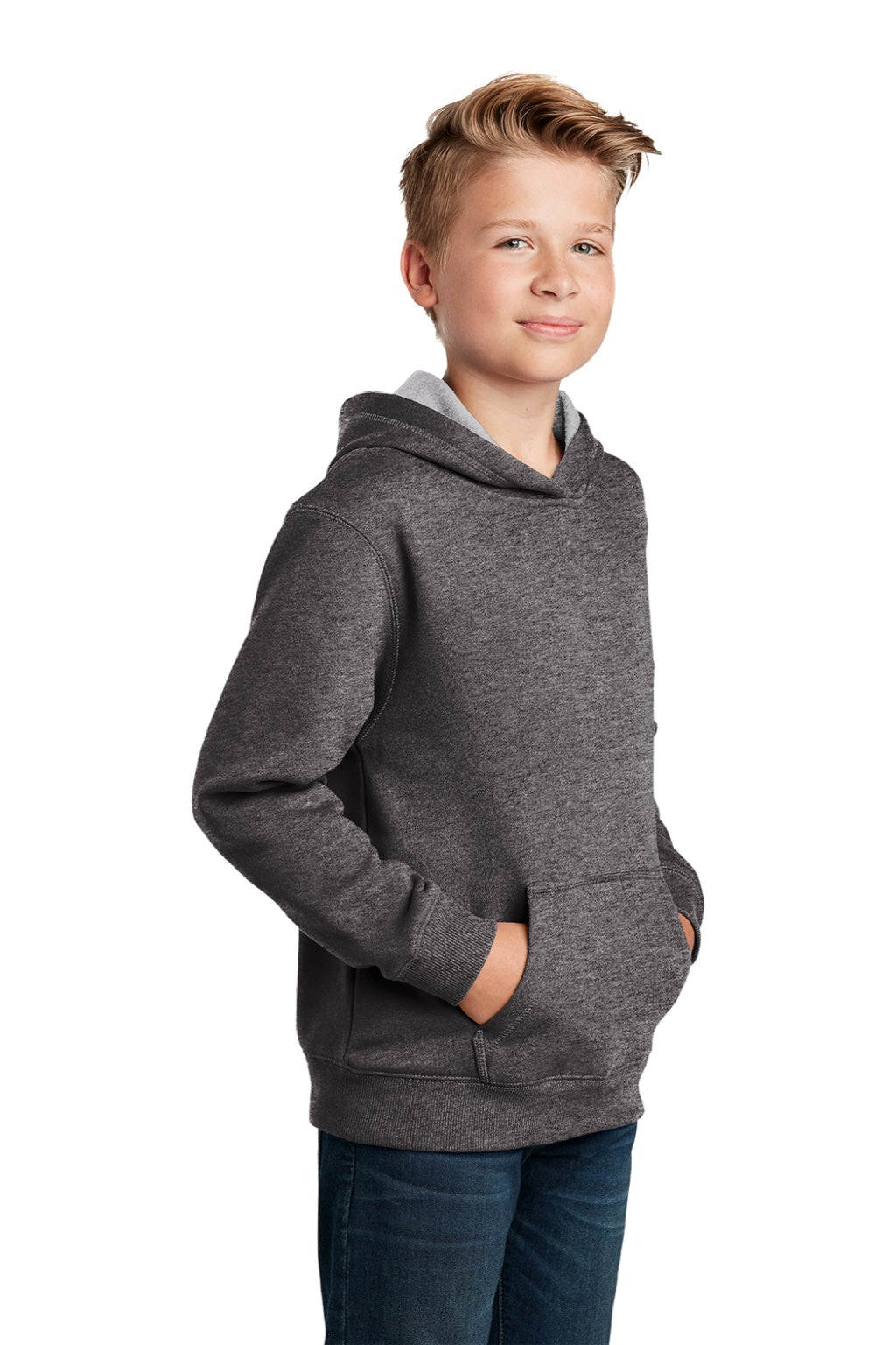 Sport-Tek YST254 Youth Shrink Resistant Fleece Hooded Sweatshirt Hoodie w/ Pouch Pocket Heather Graphite Grey Model 3q