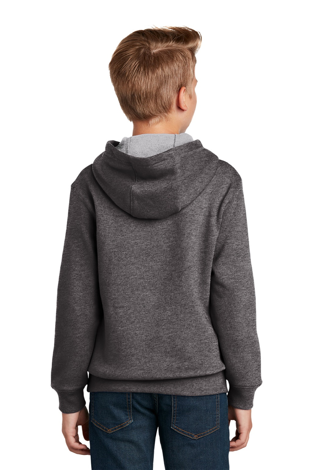 Sport-Tek YST254 Youth Shrink Resistant Fleece Hooded Sweatshirt Hoodie w/ Pouch Pocket Heather Graphite Grey Model Back