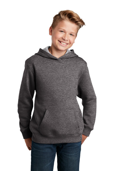 Sport-Tek YST254 Youth Shrink Resistant Fleece Hooded Sweatshirt Hoodie w/ Pouch Pocket Heather Graphite Grey Model Front