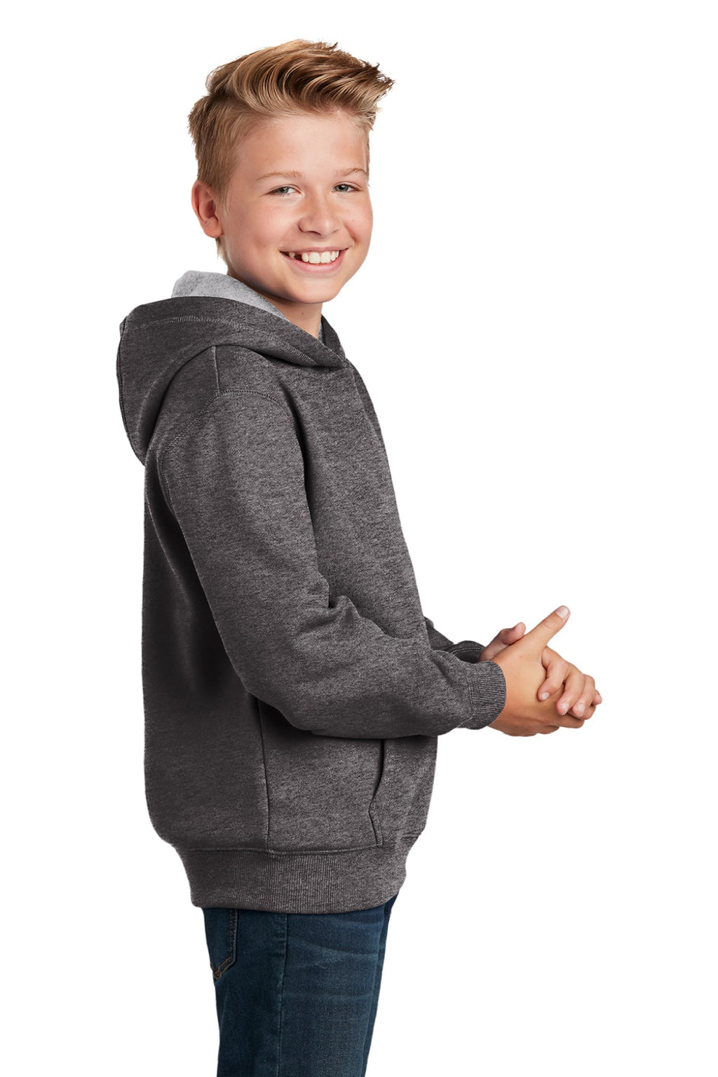 Sport-Tek YST254 Youth Shrink Resistant Fleece Hooded Sweatshirt Hoodie w/ Pouch Pocket Heather Graphite Grey Model Side