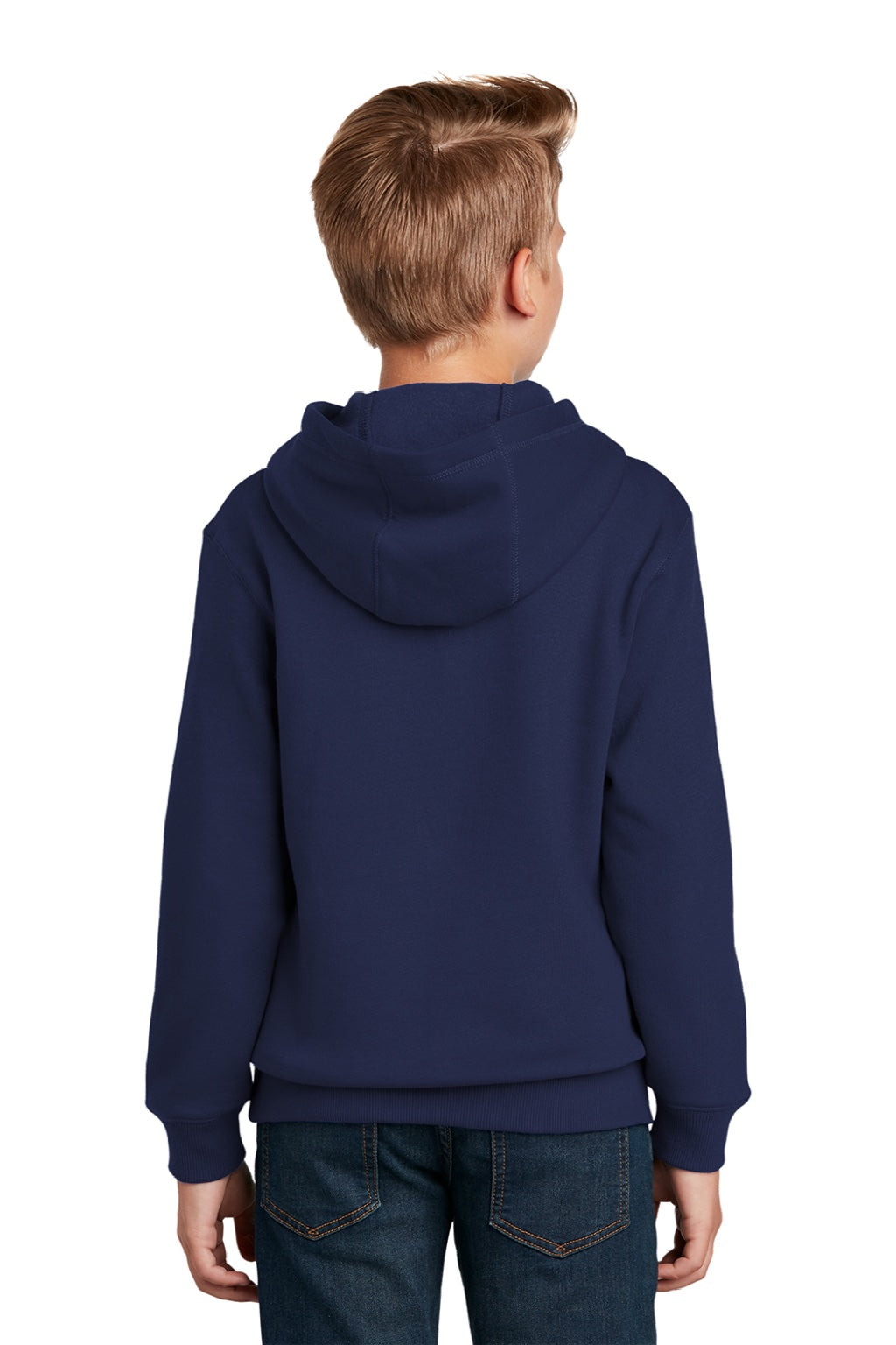 Sport-Tek YST254 Youth Shrink Resistant Fleece Hooded Sweatshirt Hoodie w/ Pouch Pocket True Navy Blue Model Back