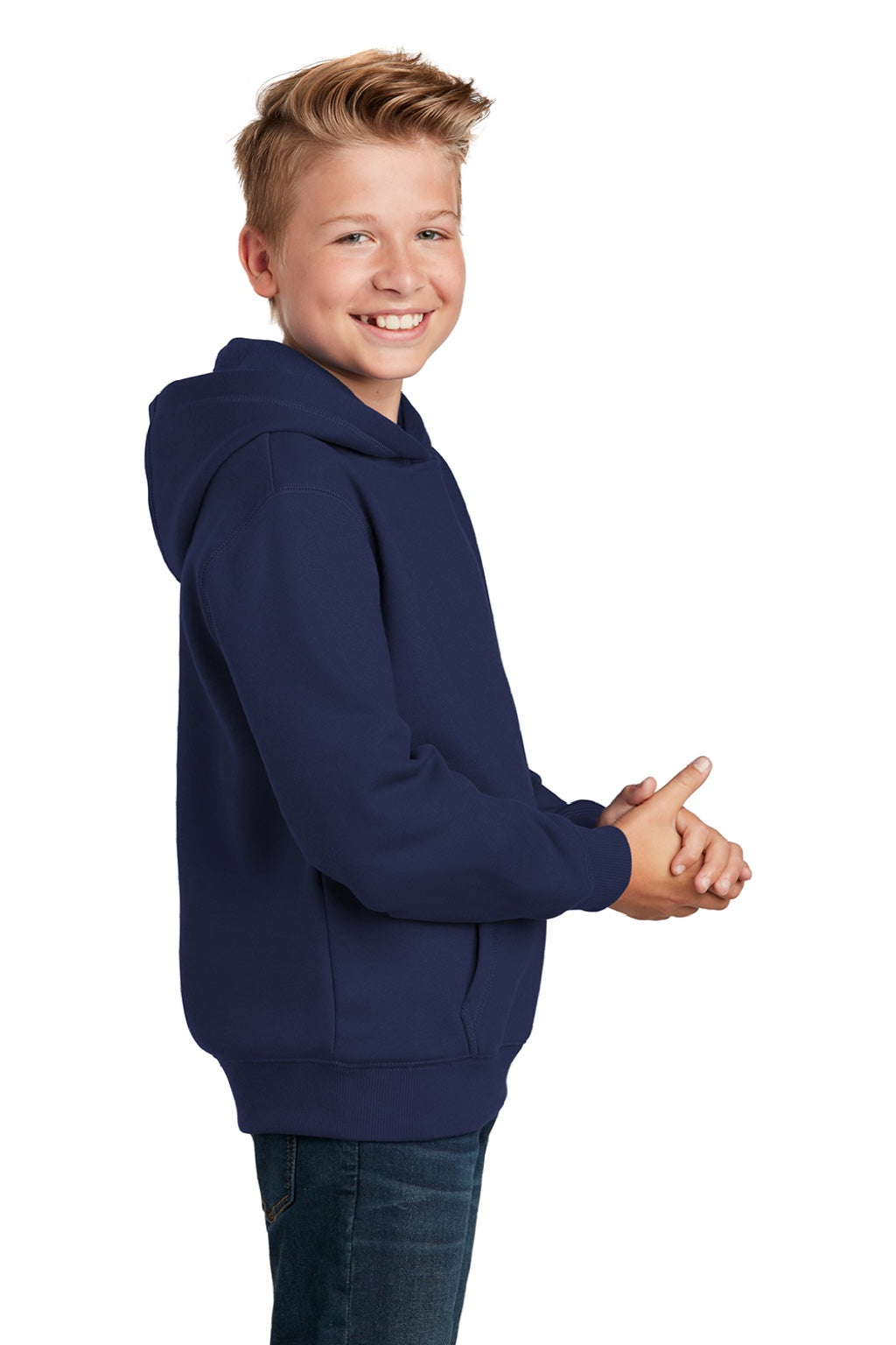 Sport-Tek YST254 Youth Shrink Resistant Fleece Hooded Sweatshirt Hoodie w/ Pouch Pocket True Navy Blue Model Side