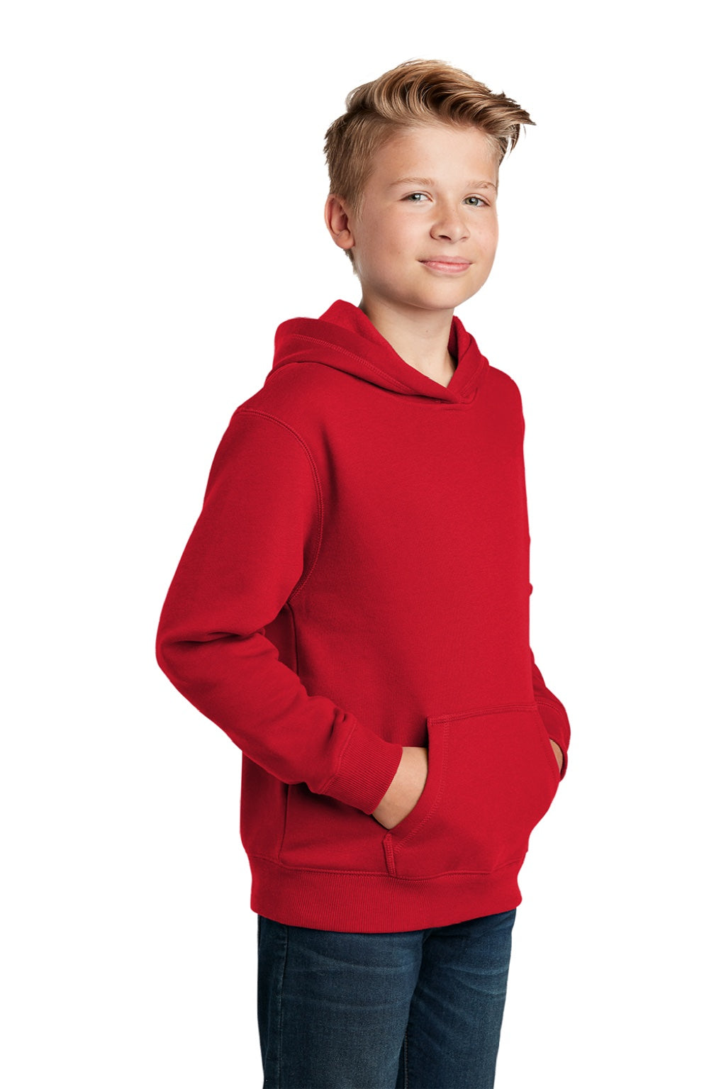 Sport-Tek YST254 Youth Shrink Resistant Fleece Hooded Sweatshirt Hoodie w/ Pouch Pocket True Red Model 3q